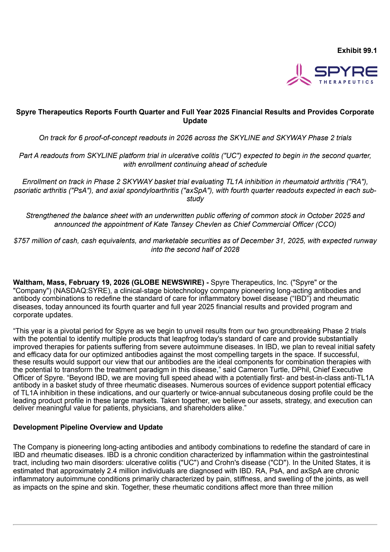 Spyre Therapeutics' Q4 2025 Press Release