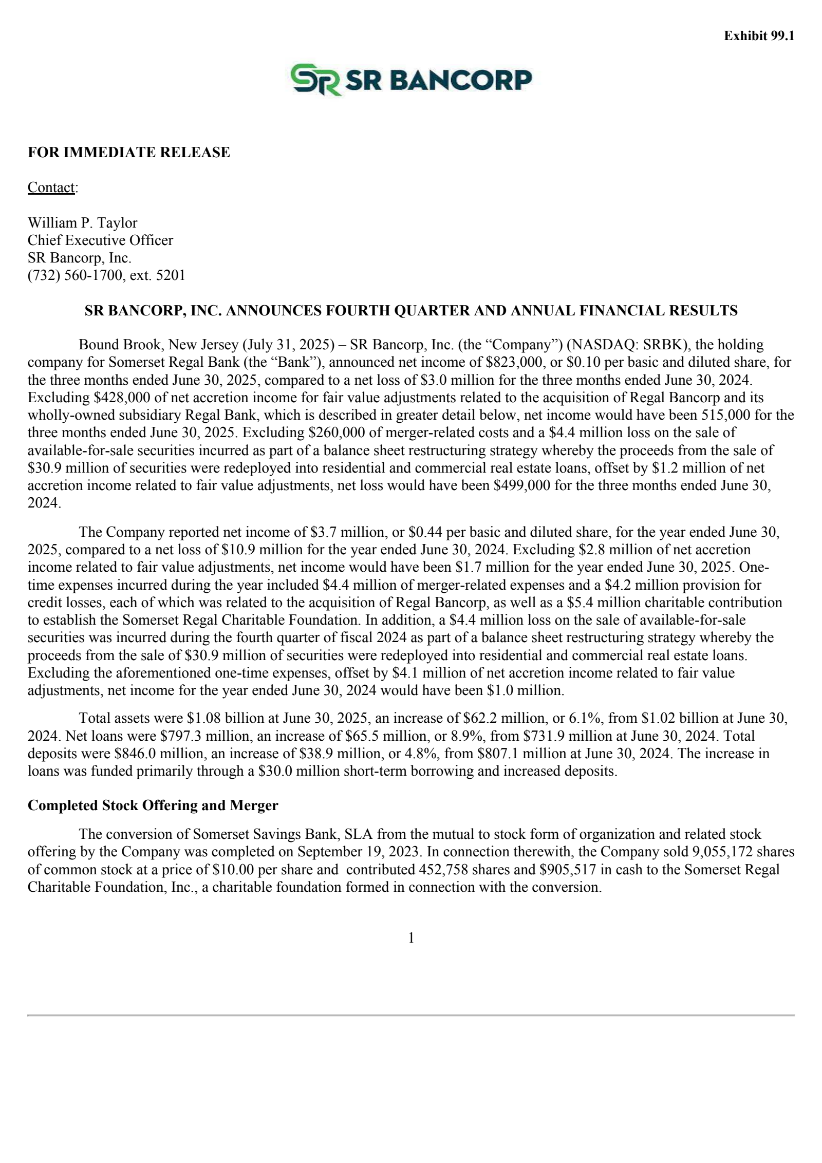SR Bancorp's Q2 2025 Press Release