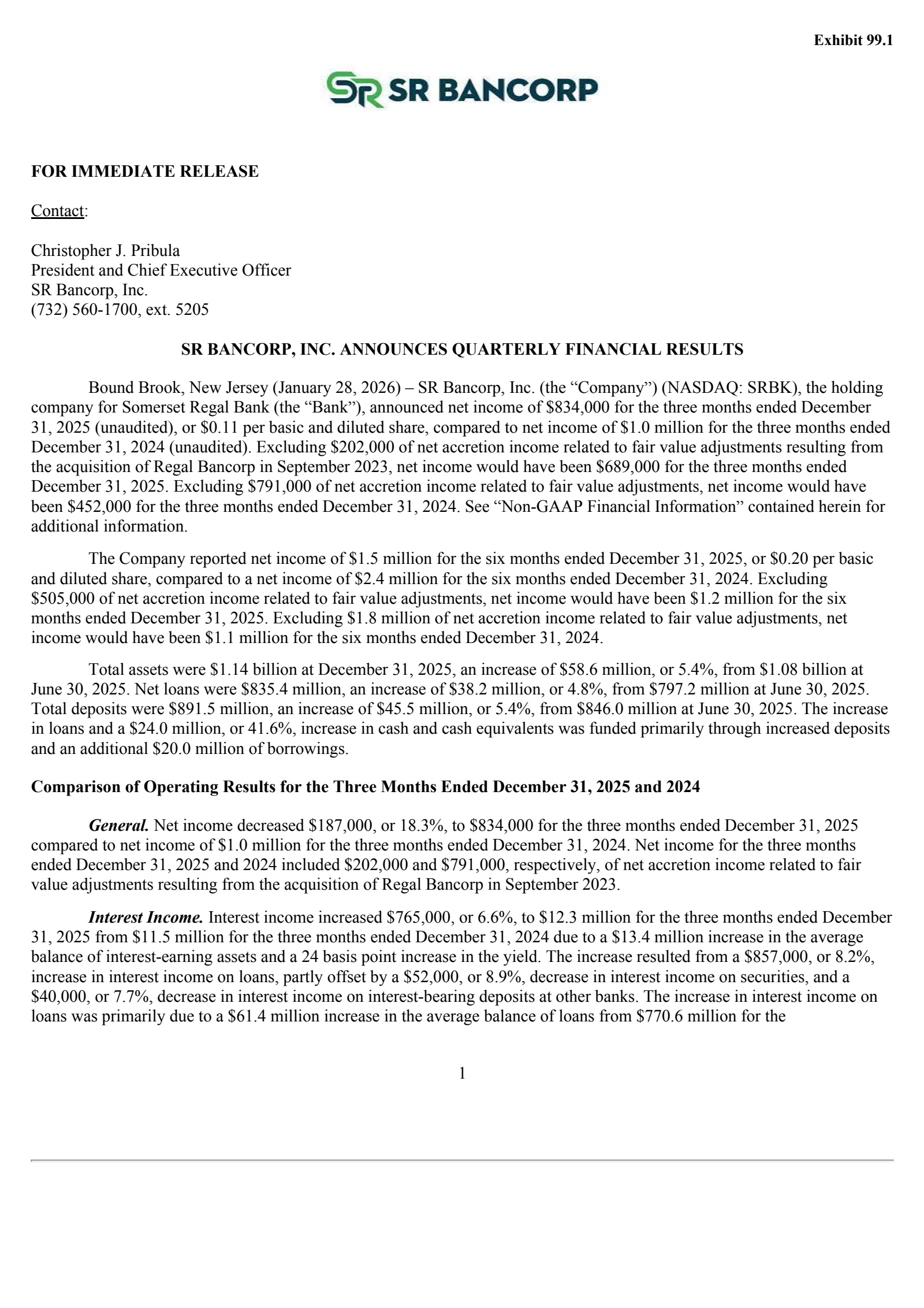 SR Bancorp's Q4 2025 Press Release