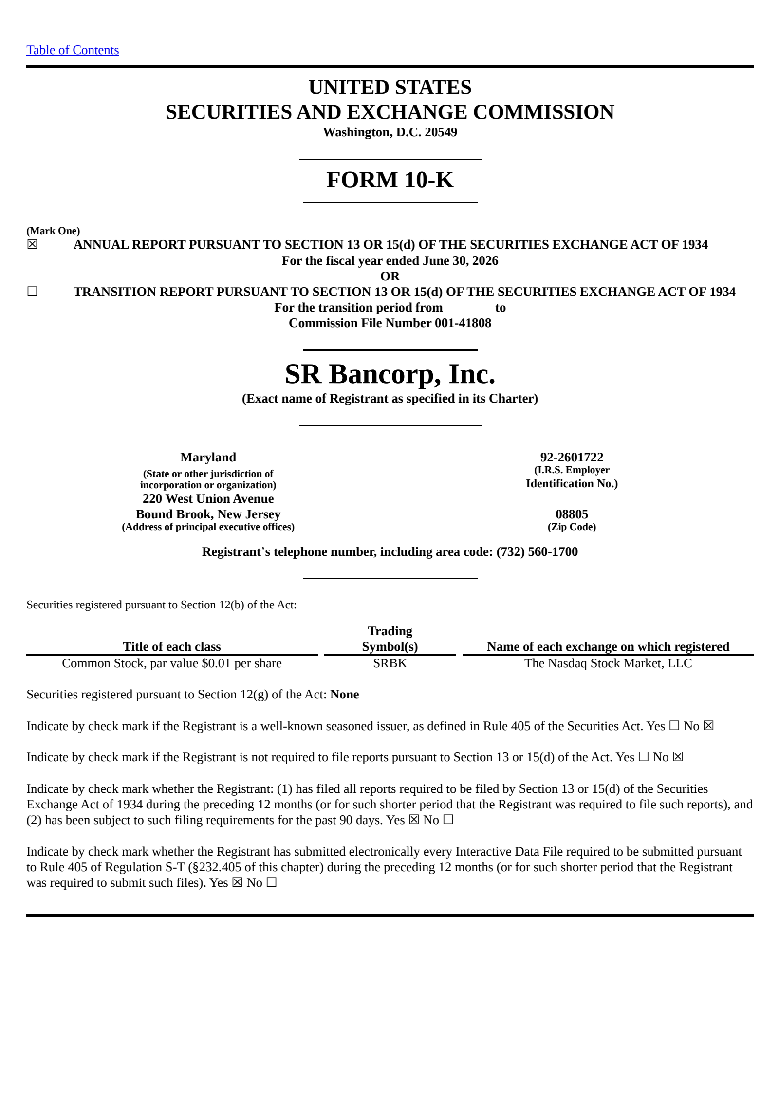 SR Bancorp's Q4 2026 Annual report