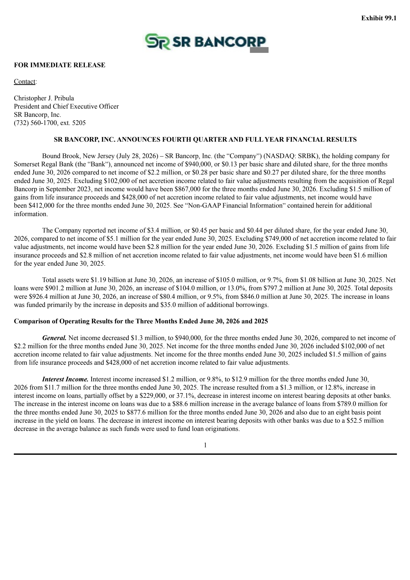 SR Bancorp's Q4 2026 Press Release