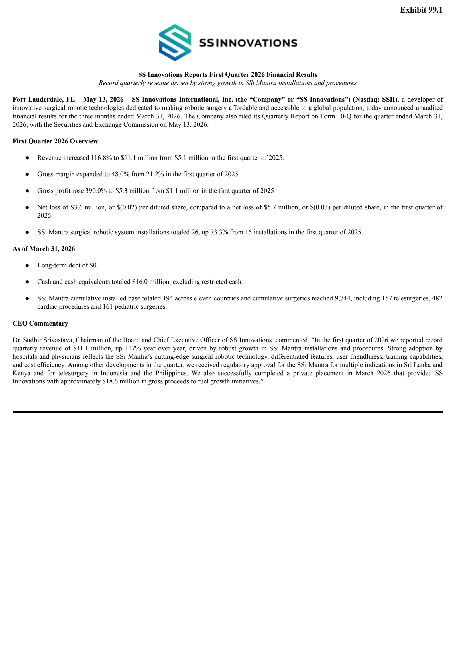 SS Innovations International's Q1 2026 Press Release