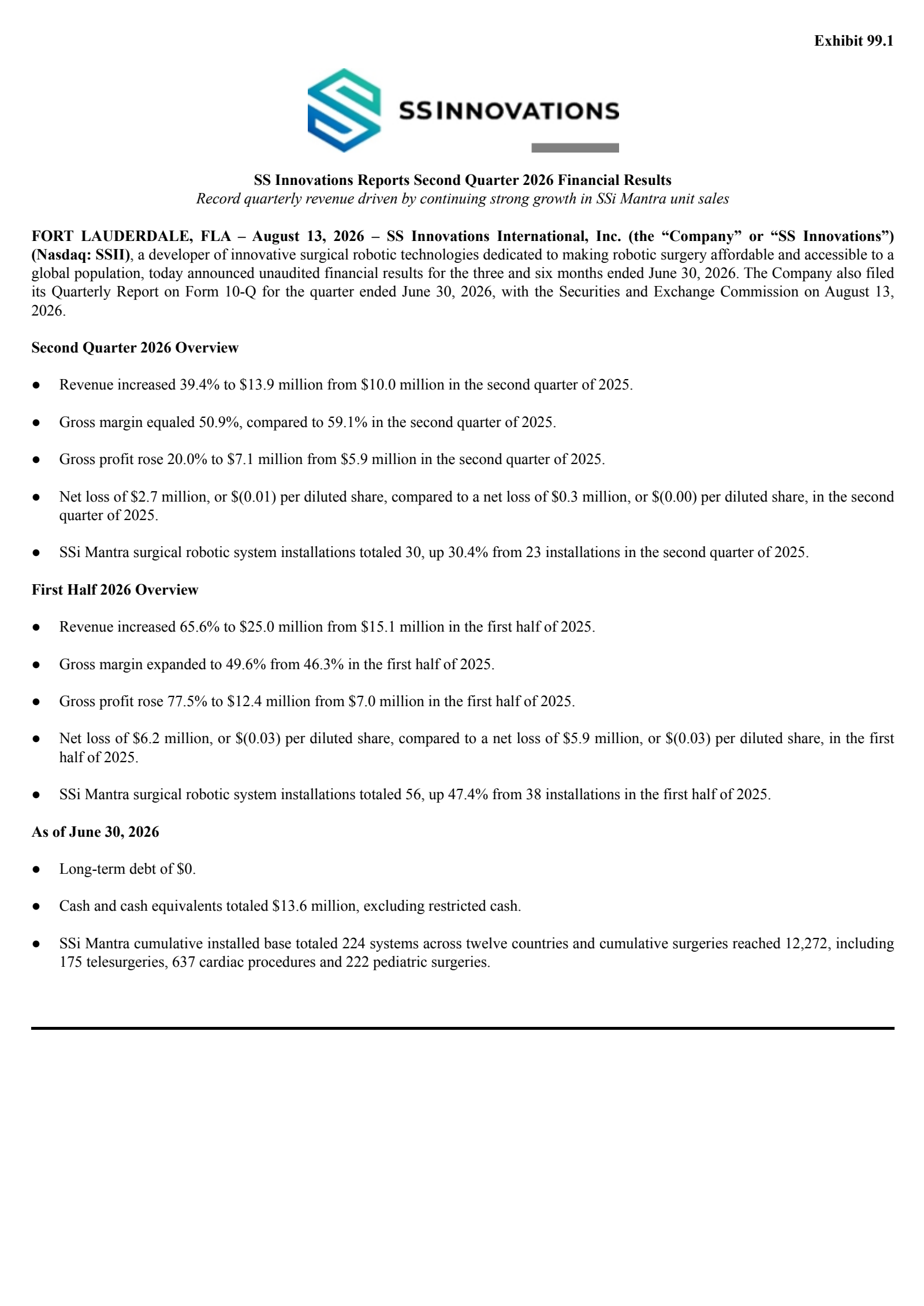 SS Innovations International's Q2 2026 Press Release