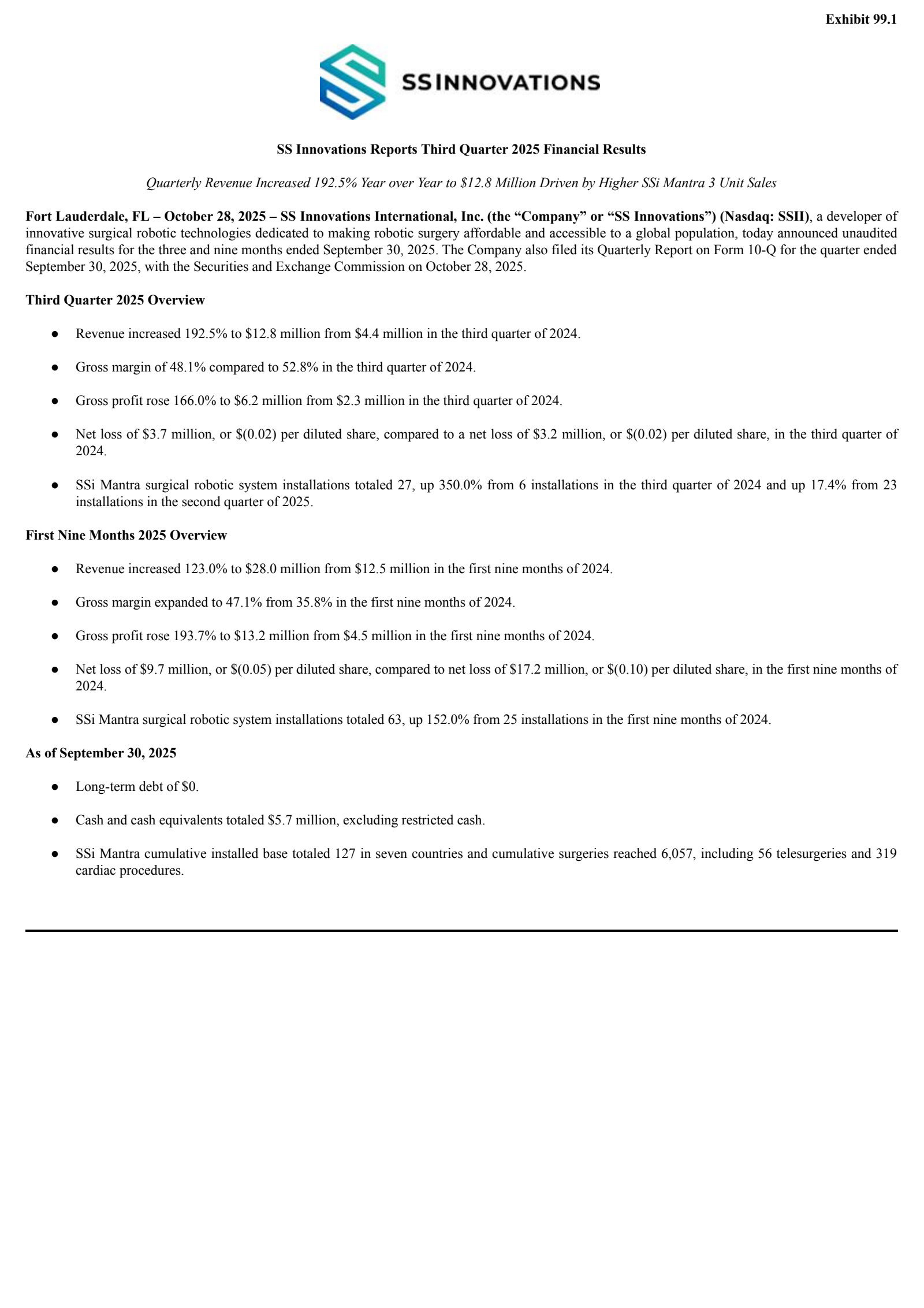 SS Innovations International's Q3 2025 Press Release