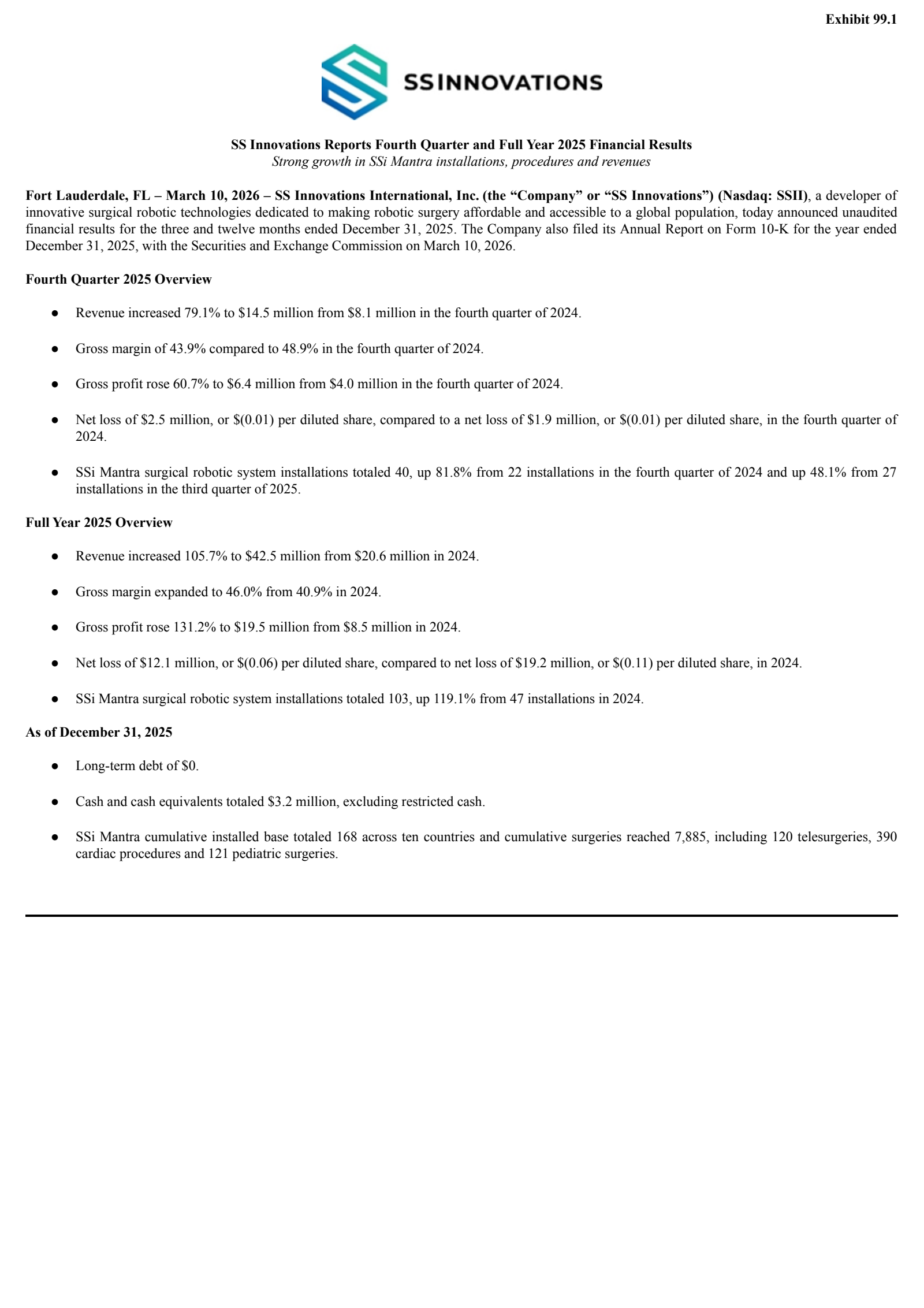 SS Innovations International's Q4 2025 Press Release