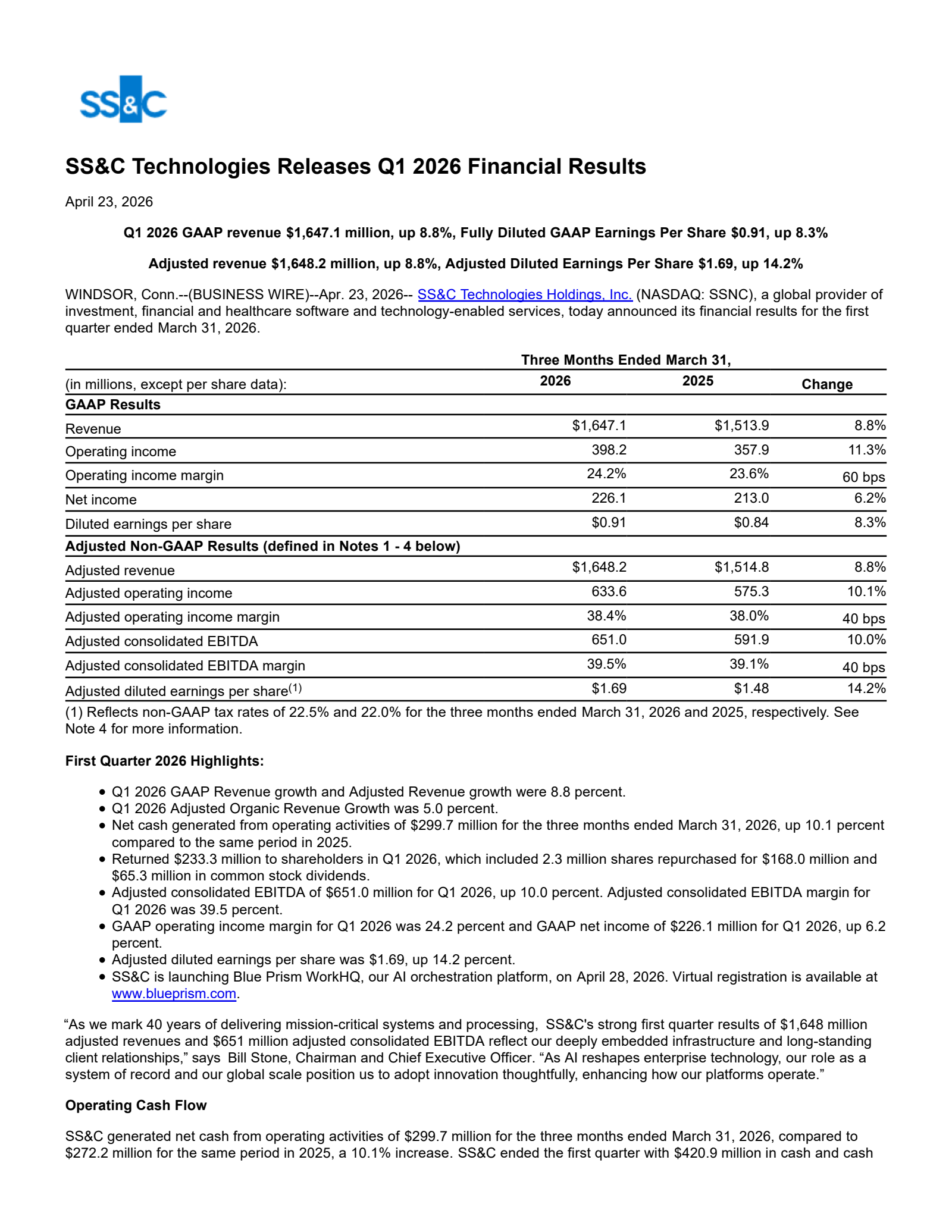 SS&C Technologies' Q1 2026 Press Release