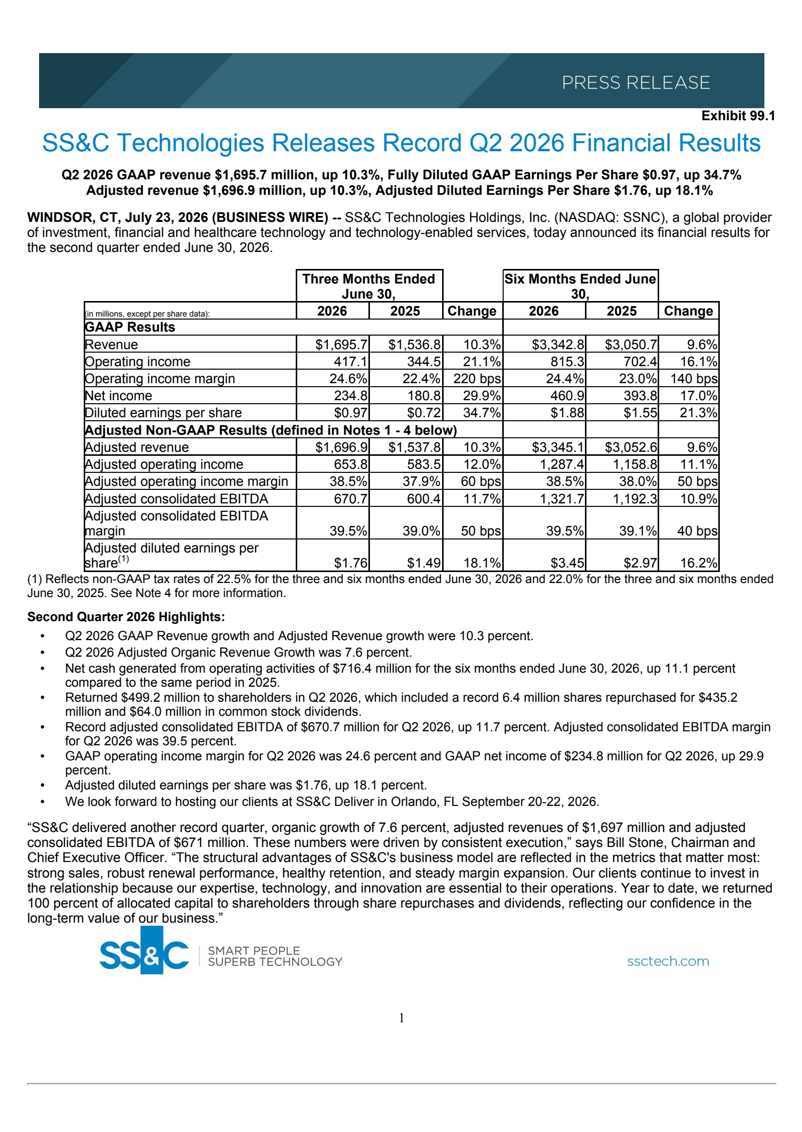 SS&C Technologies' Q2 2026 Press Release