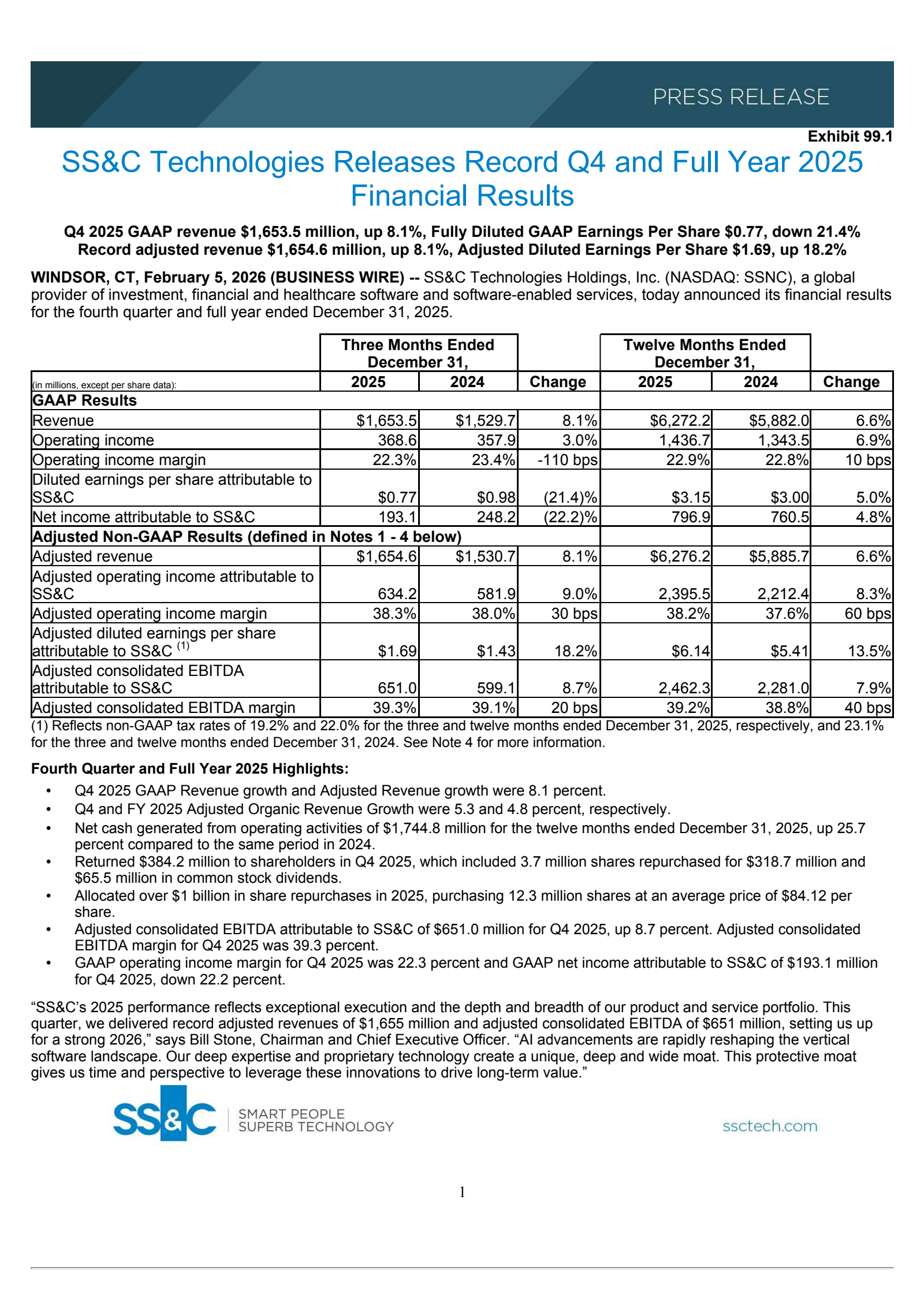 SS&C Technologies' Q4 2025 Press Release