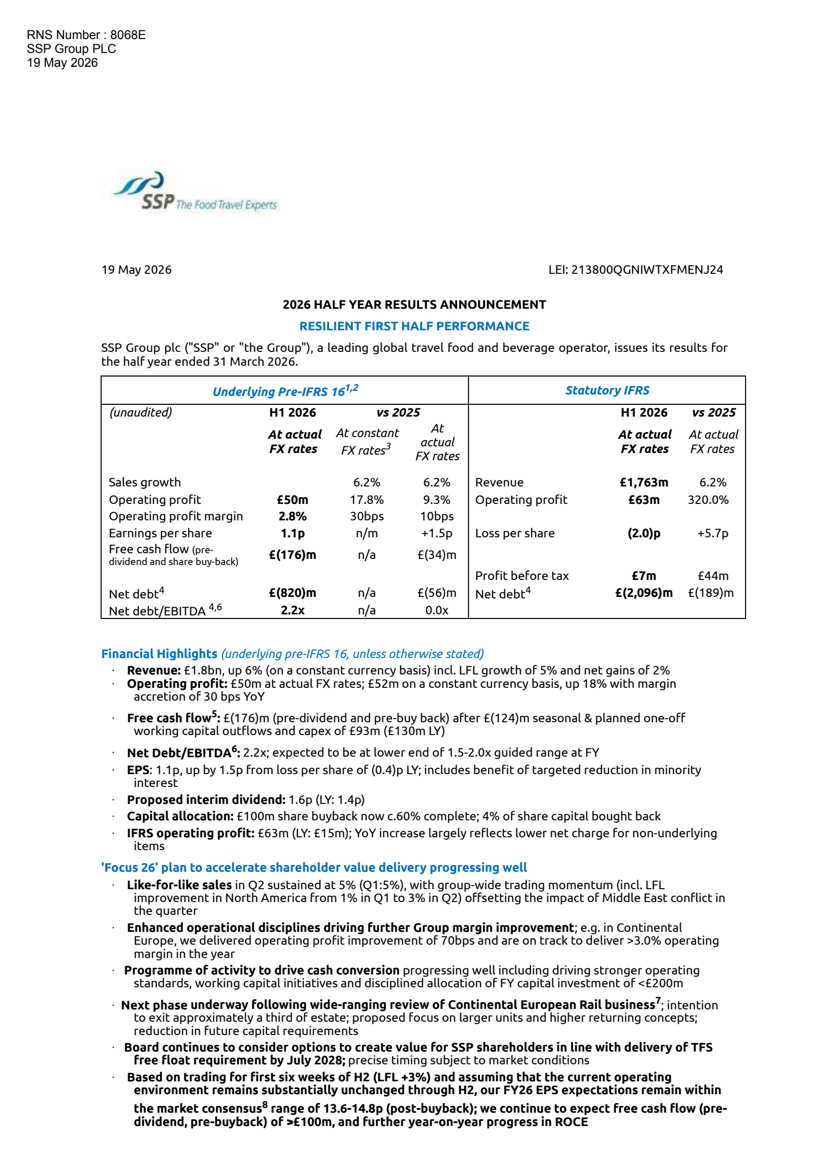 SSP Group's H1 2026 Interim report