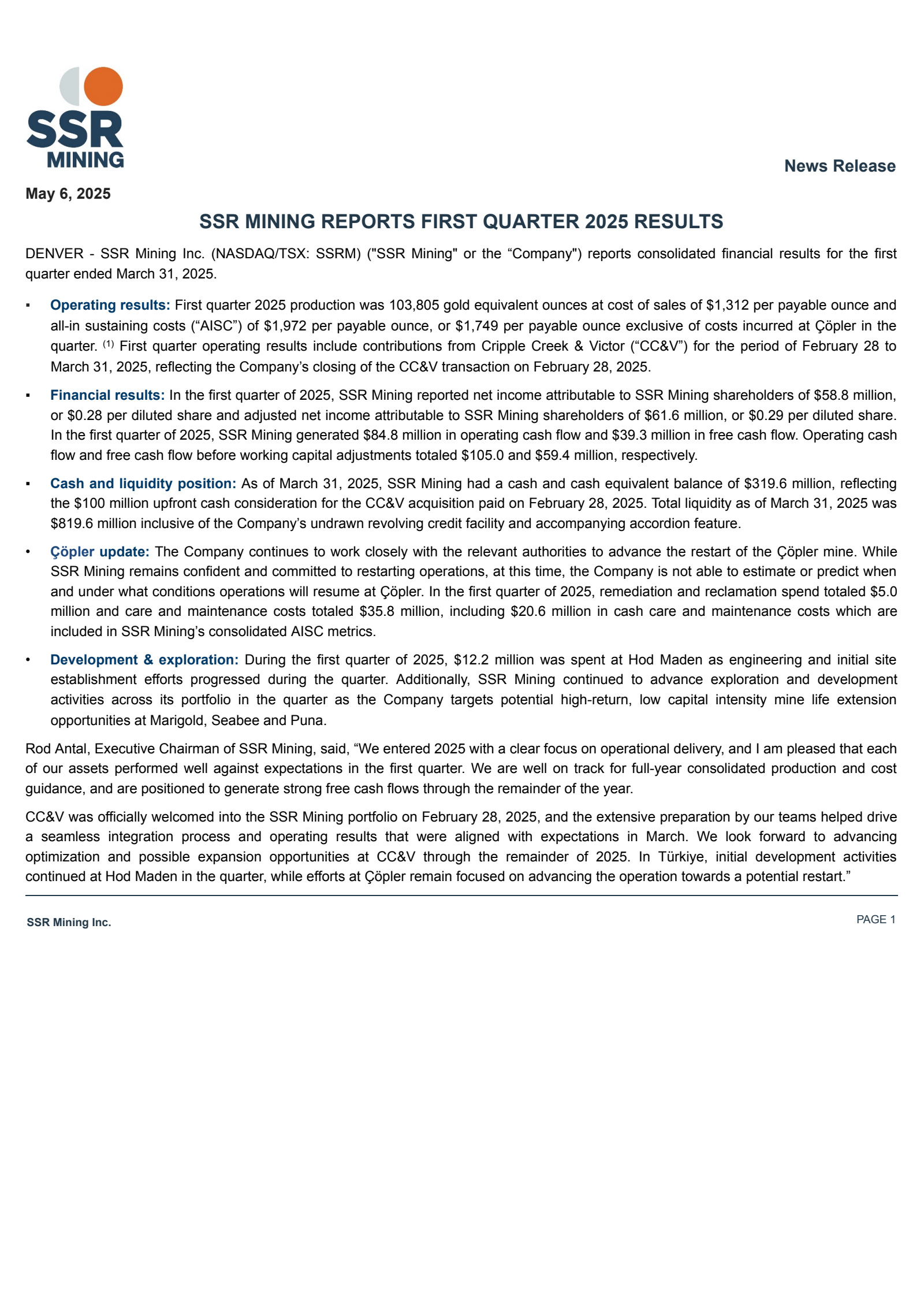 Silver Standard Resources' Q1 2025 Press Release