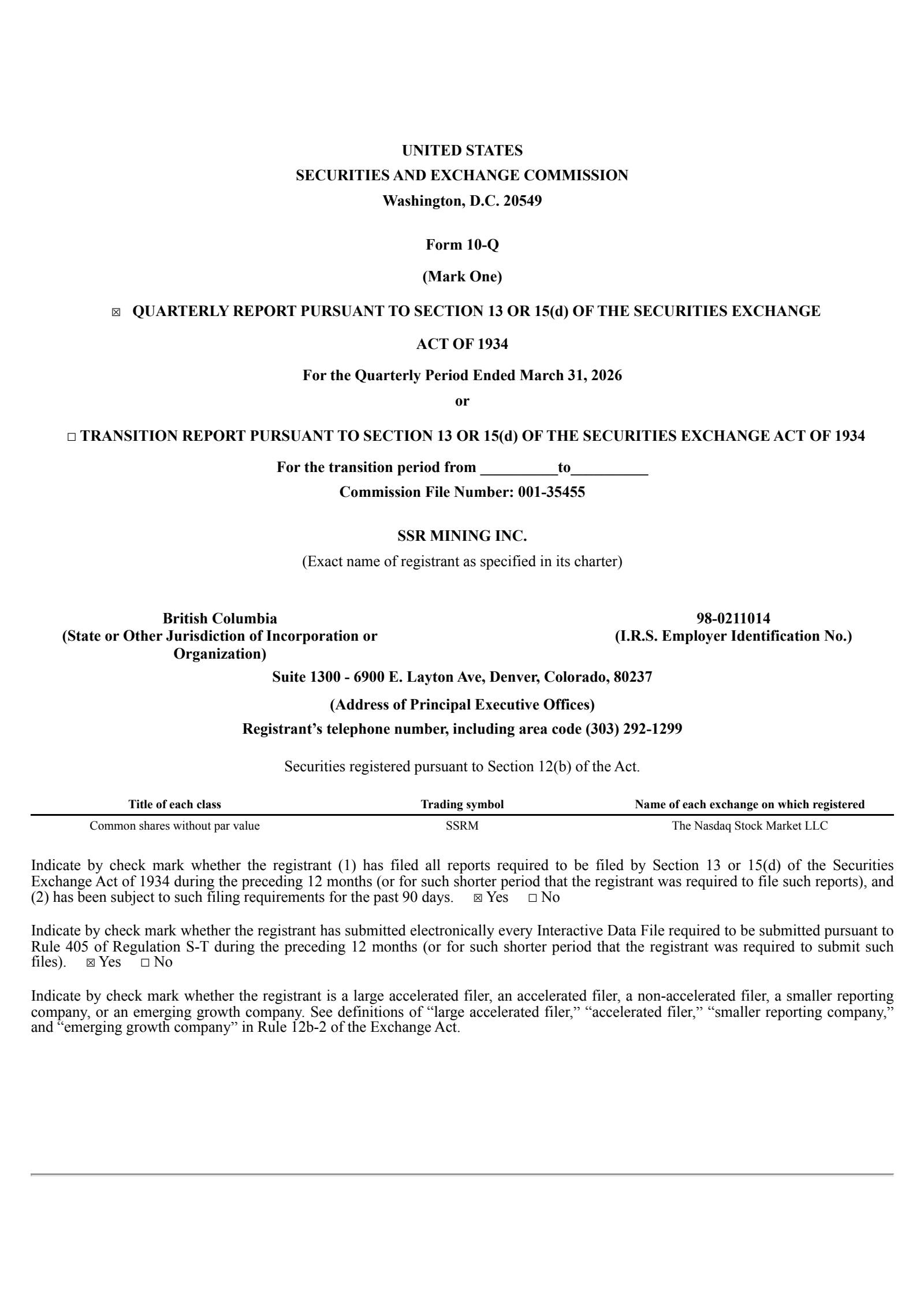 Silver Standard Resources' Q1 2026 Quarterly report