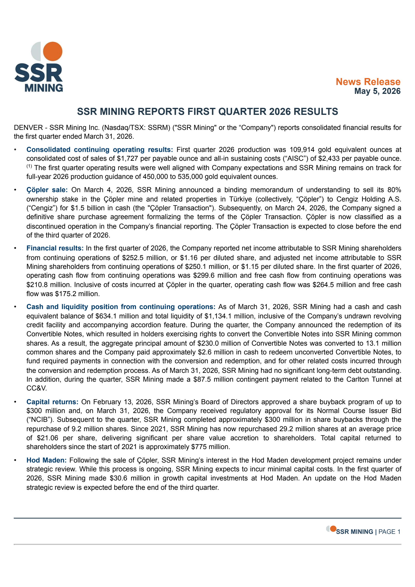 Silver Standard Resources' Q1 2026 Press Release