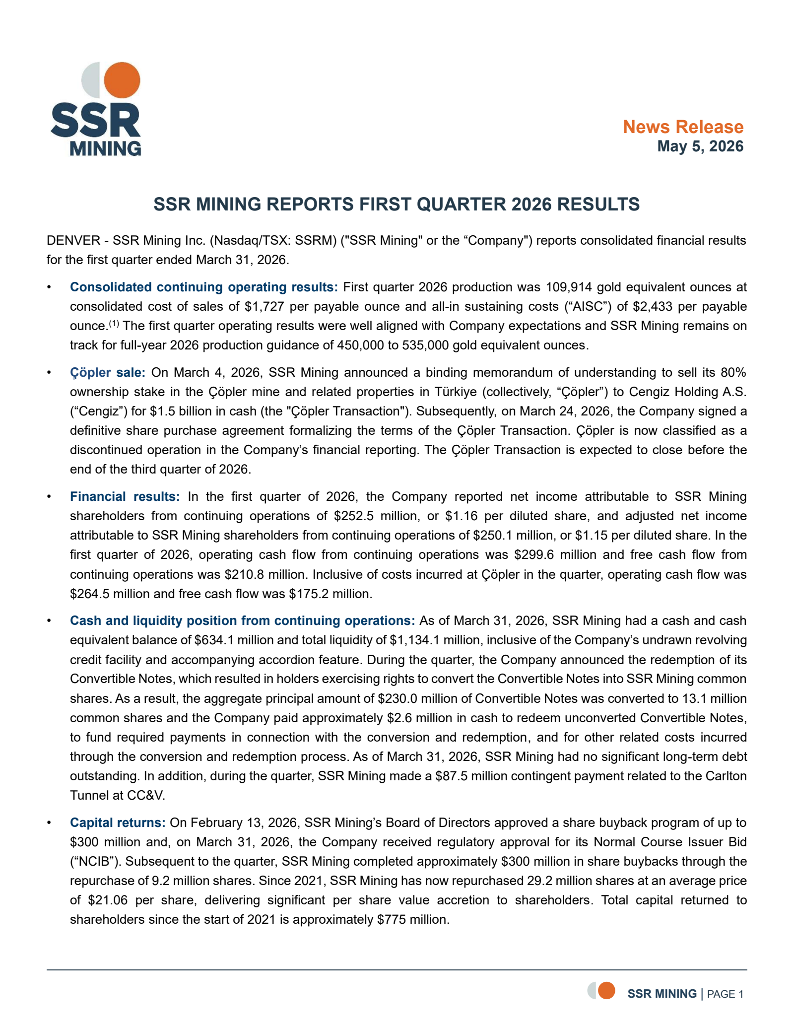 Silver Standard Resources' Q1 2026 Press Release