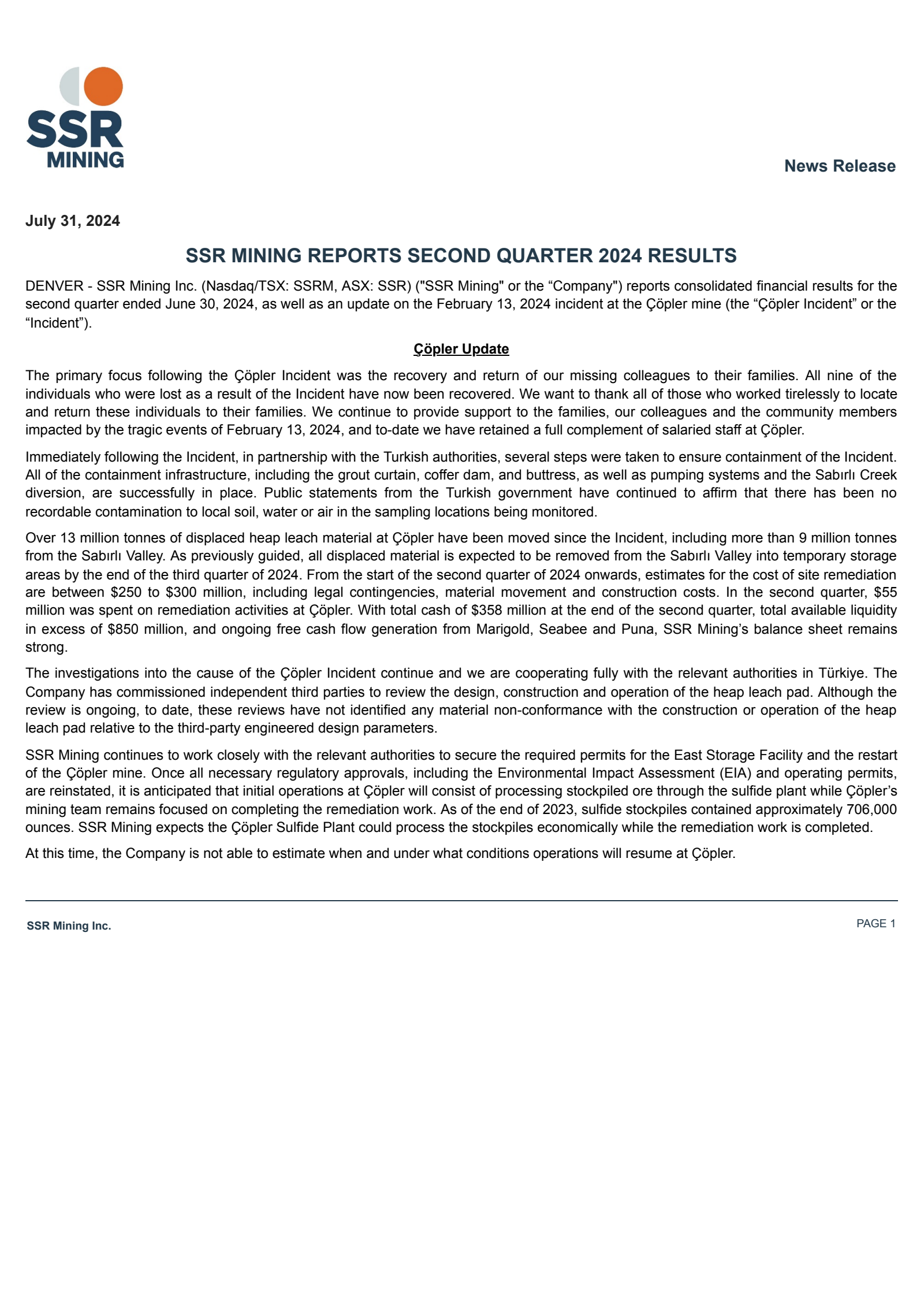 Silver Standard Resources' Q2 2024 Press Release