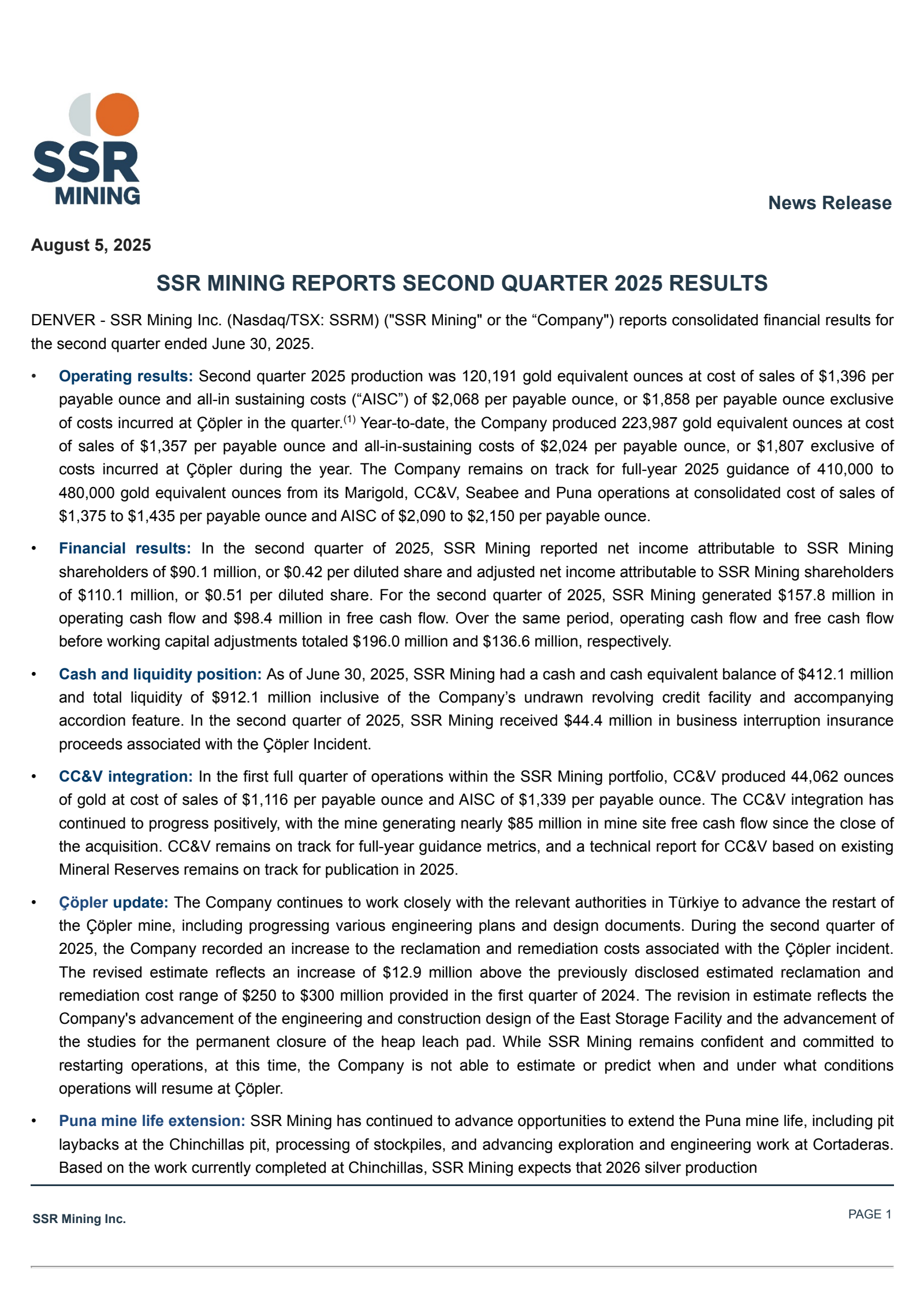 Silver Standard Resources' Q2 2025 Press Release