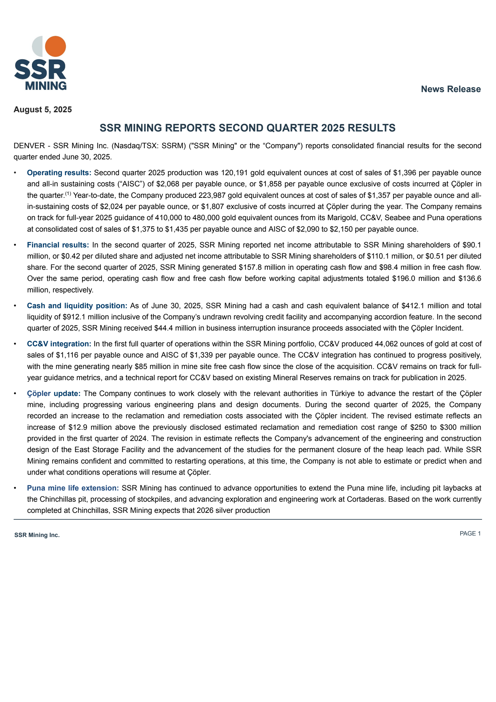 Silver Standard Resources' Q2 2025 Press Release