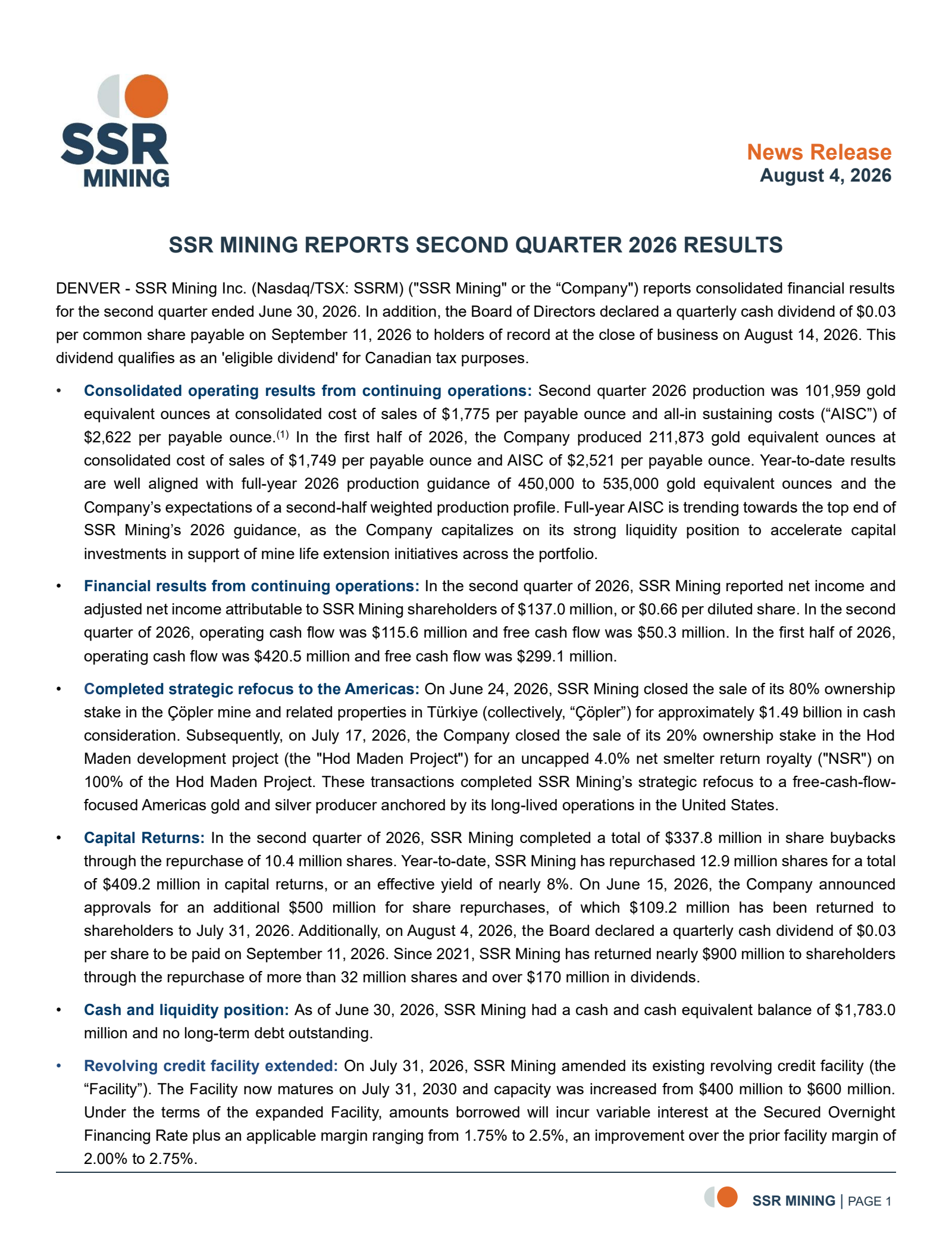 Silver Standard Resources' Q2 2026 Press Release