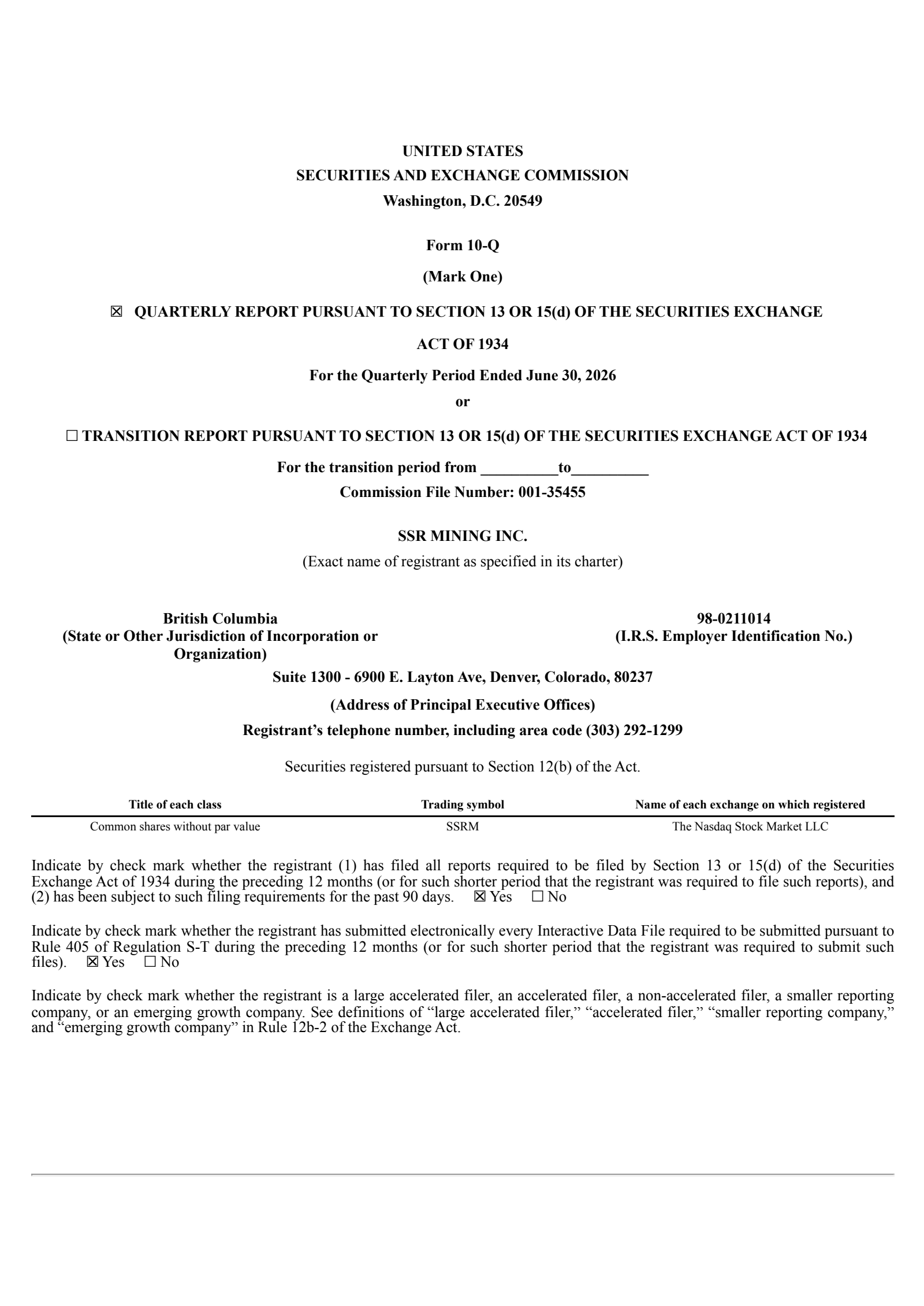 Silver Standard Resources' Q2 2026 Quarterly report