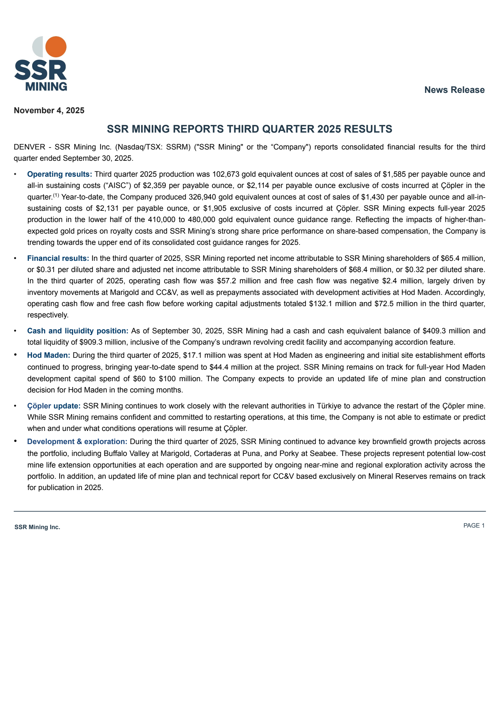 Silver Standard Resources' Q3 2025 Press Release