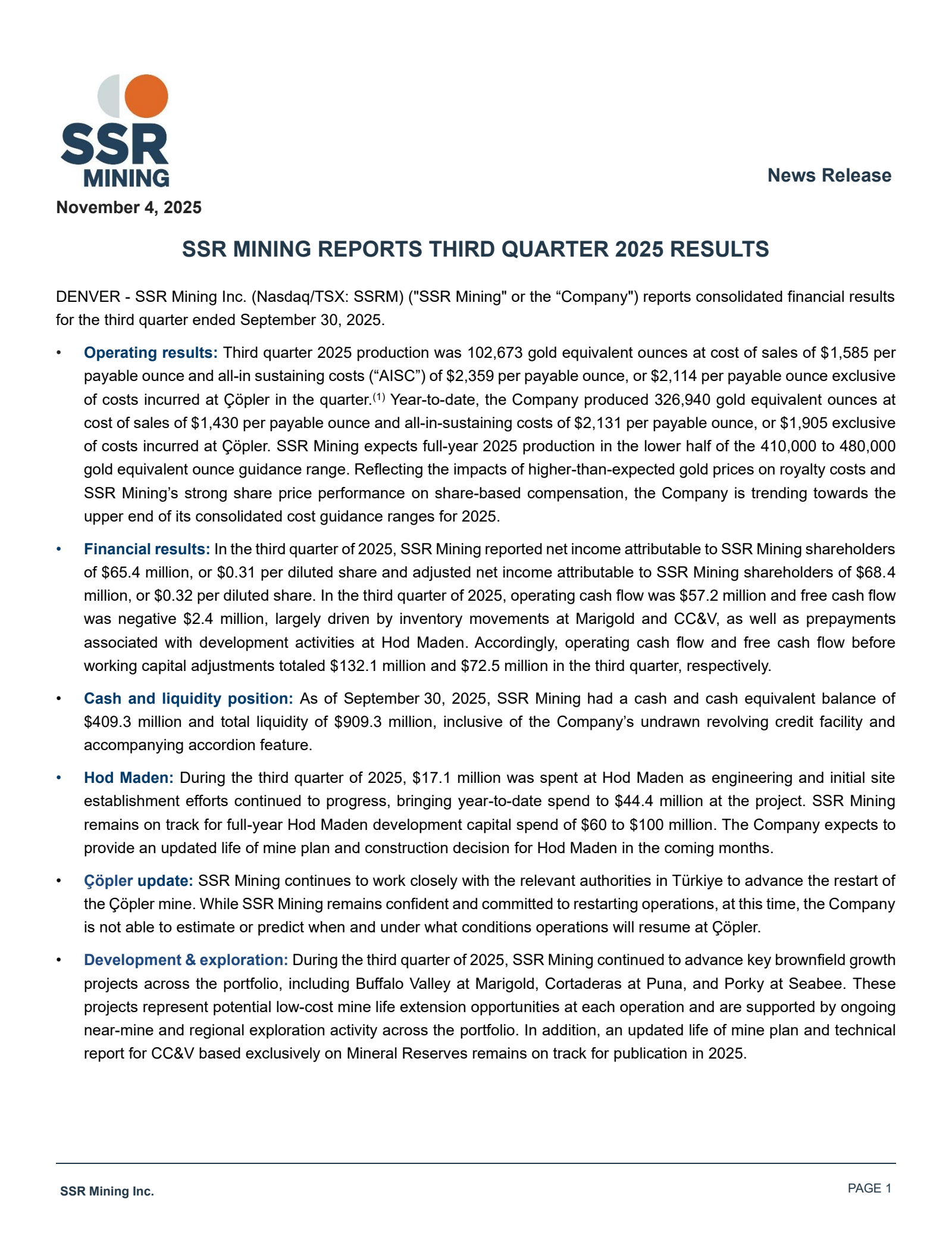 Silver Standard Resources' Q3 2025 Earnings Release