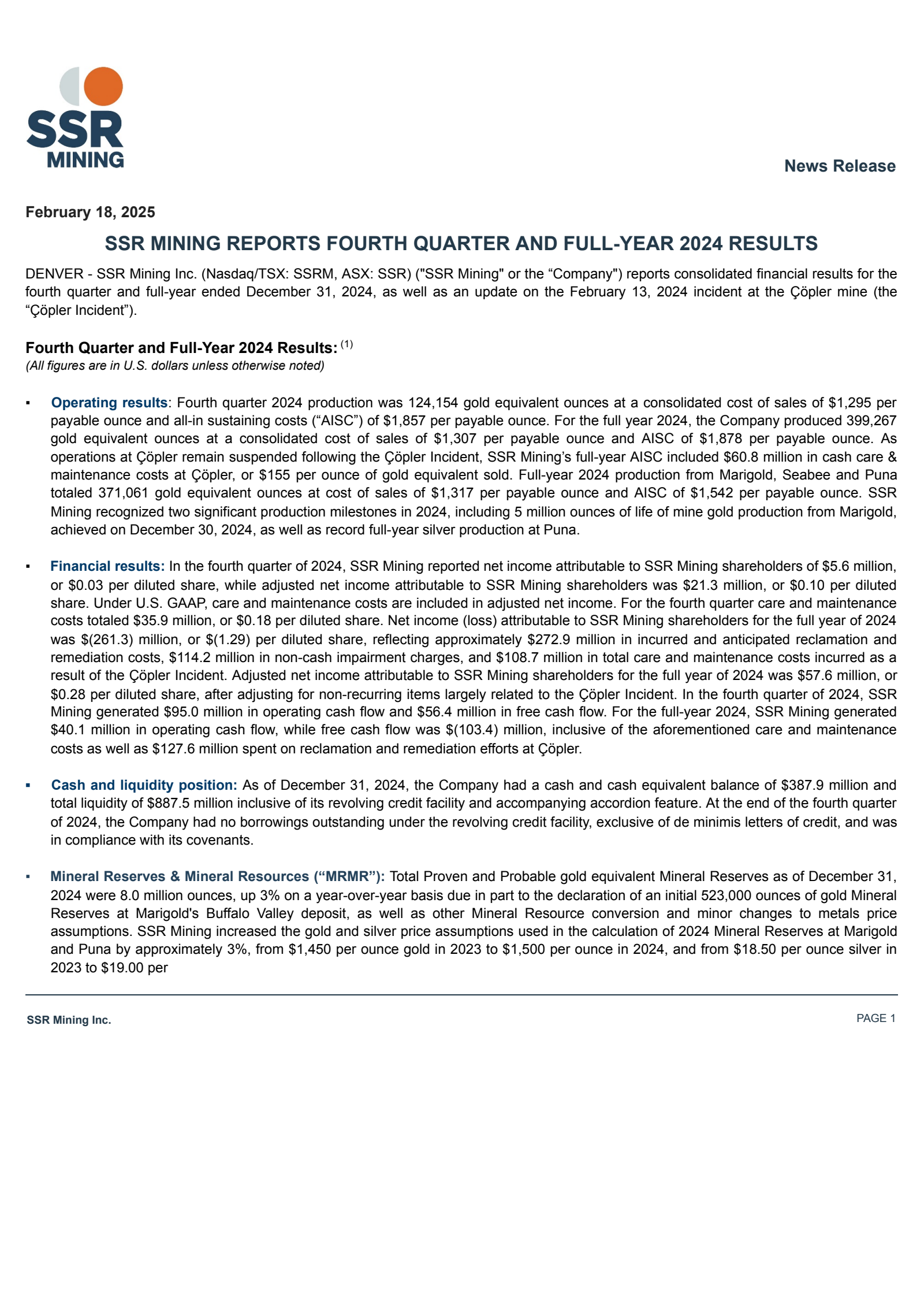 Silver Standard Resources' Q4 2024 Press Release