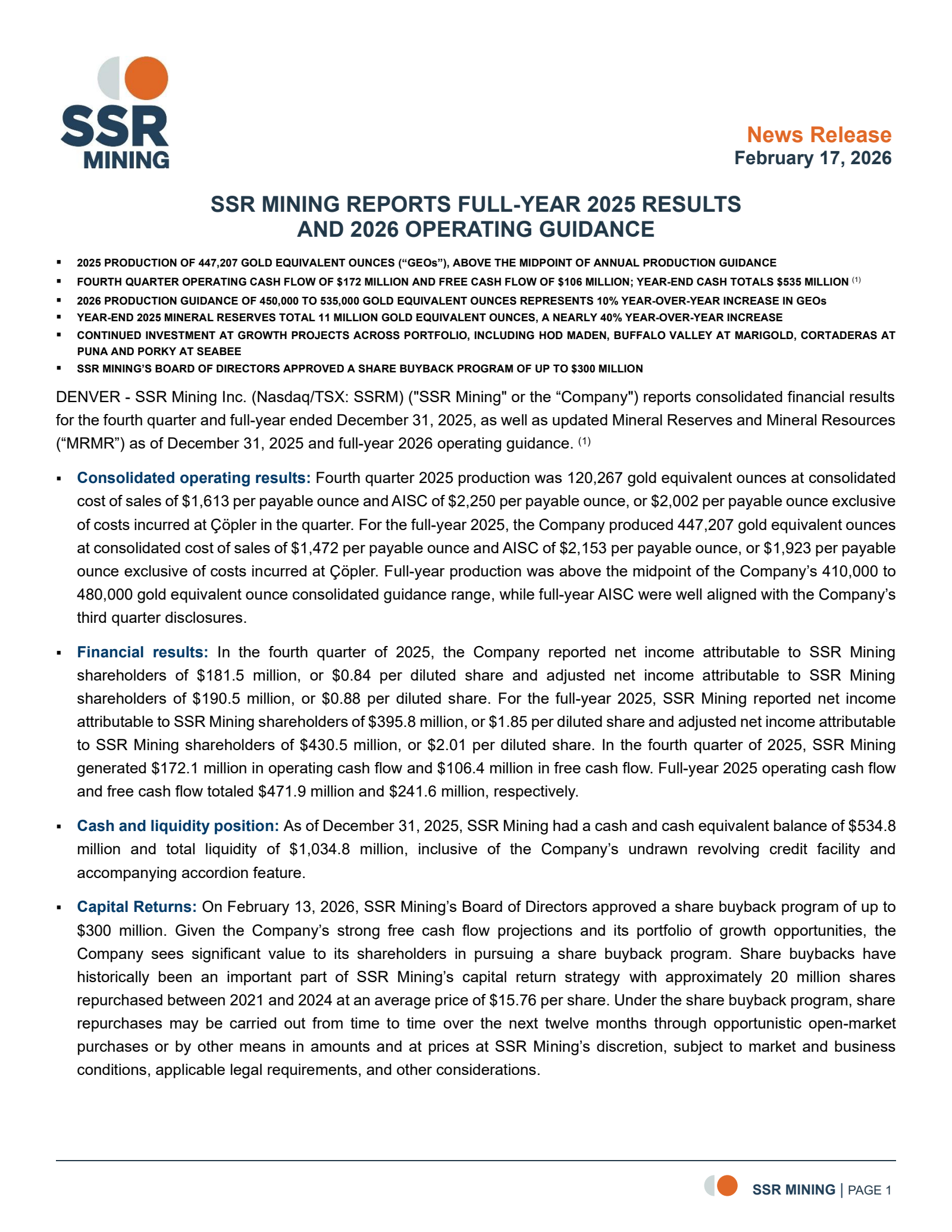 Silver Standard Resources' Q4 2025 Press Release