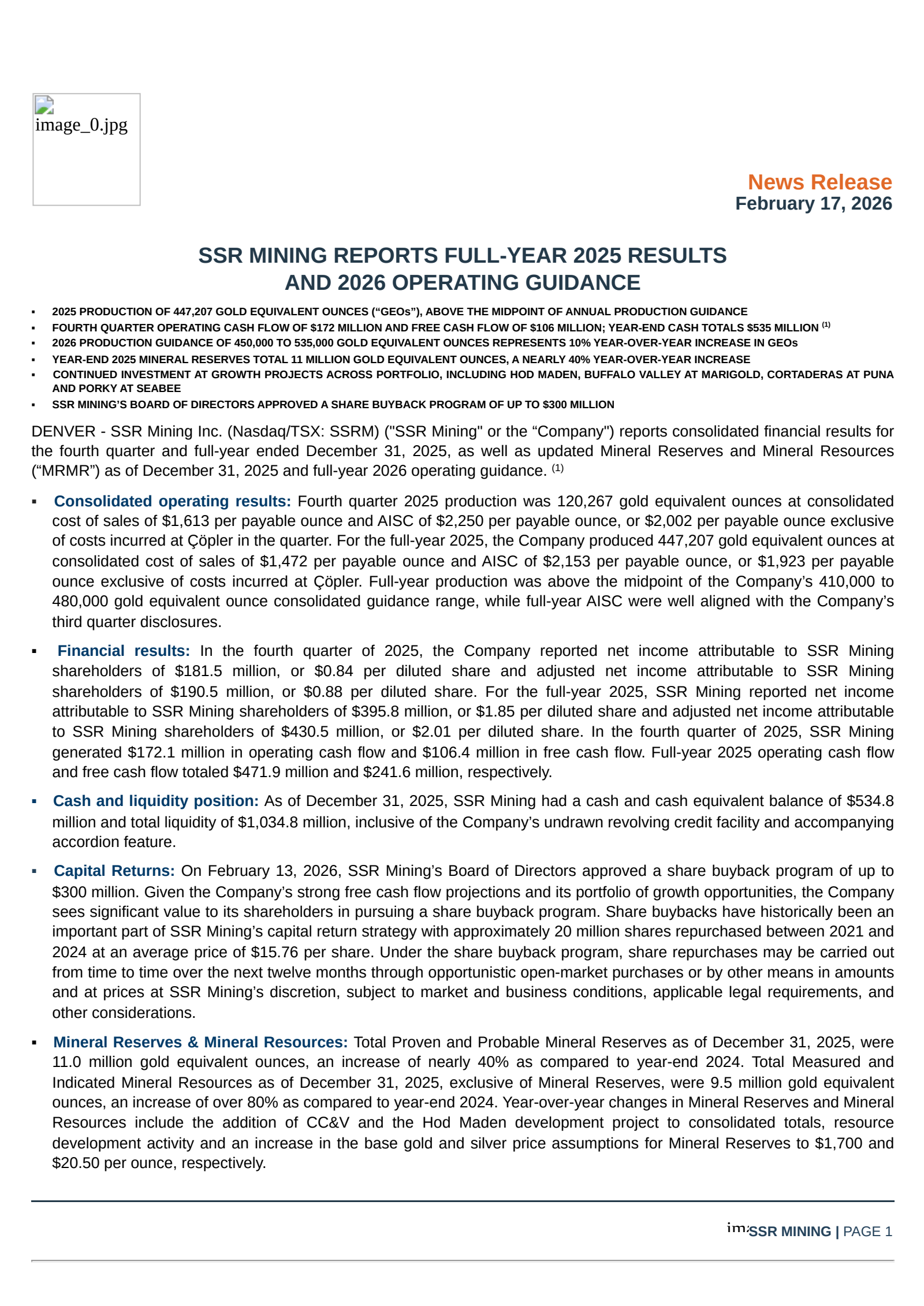 Silver Standard Resources' Q4 2025 Press Release