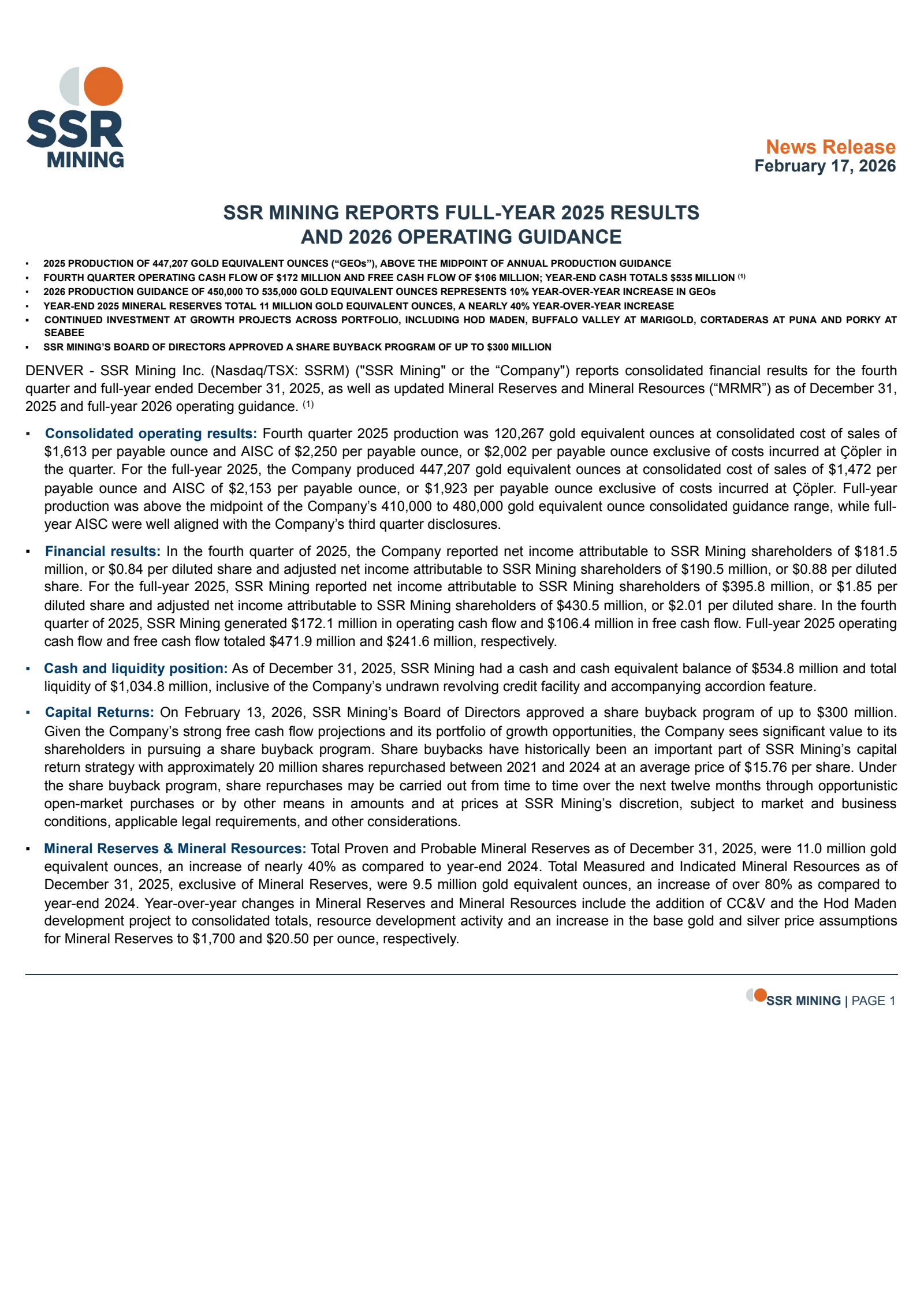 Silver Standard Resources' Q4 2025 Press Release
