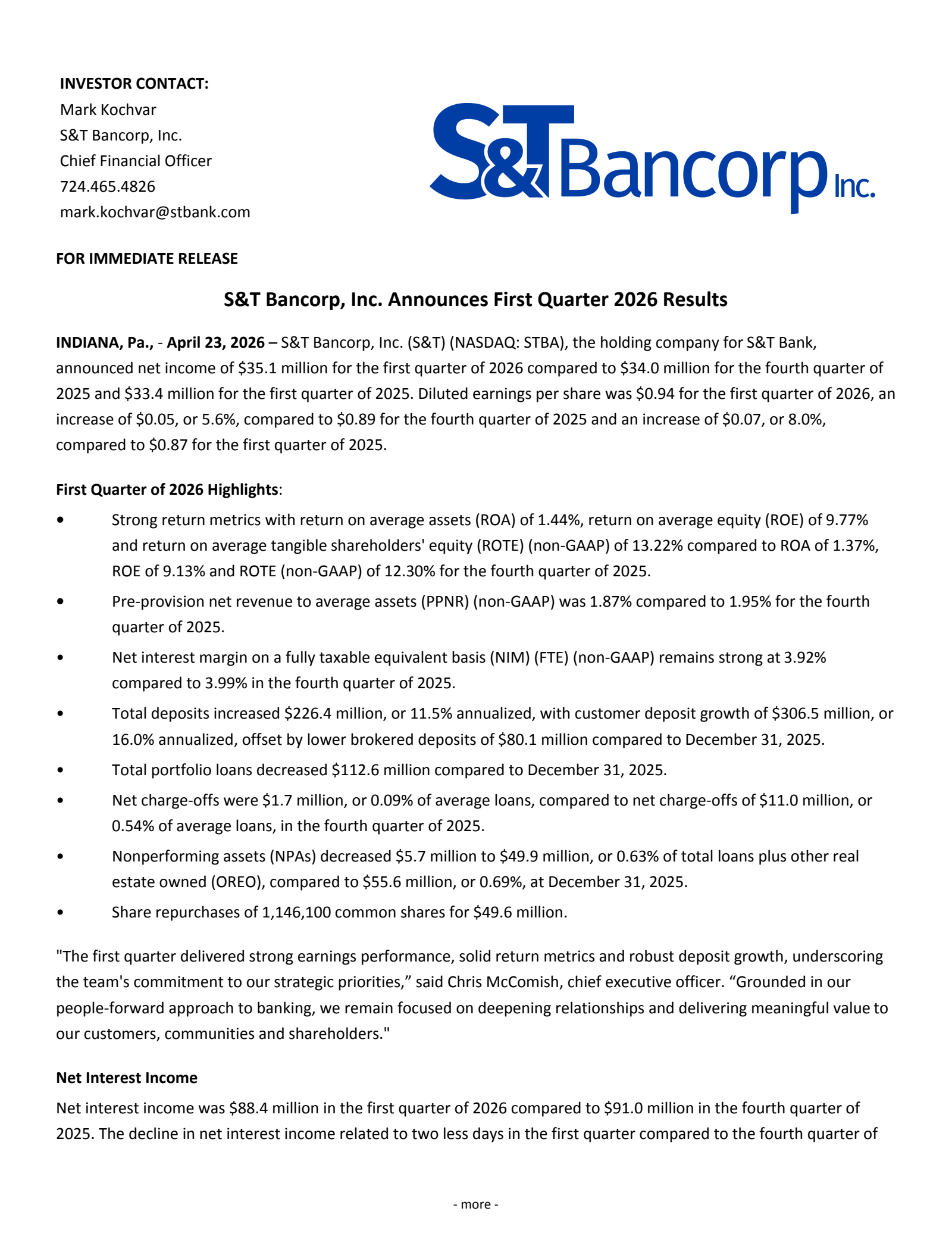 S&T Bancorp's Q1 2026 Press Release