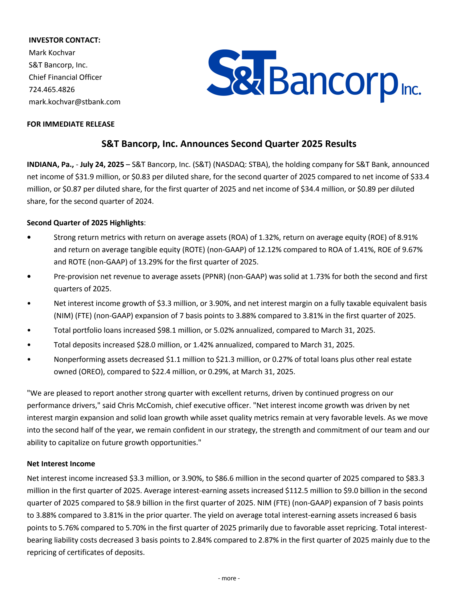 S&T Bancorp's Q2 2025 Press Release
