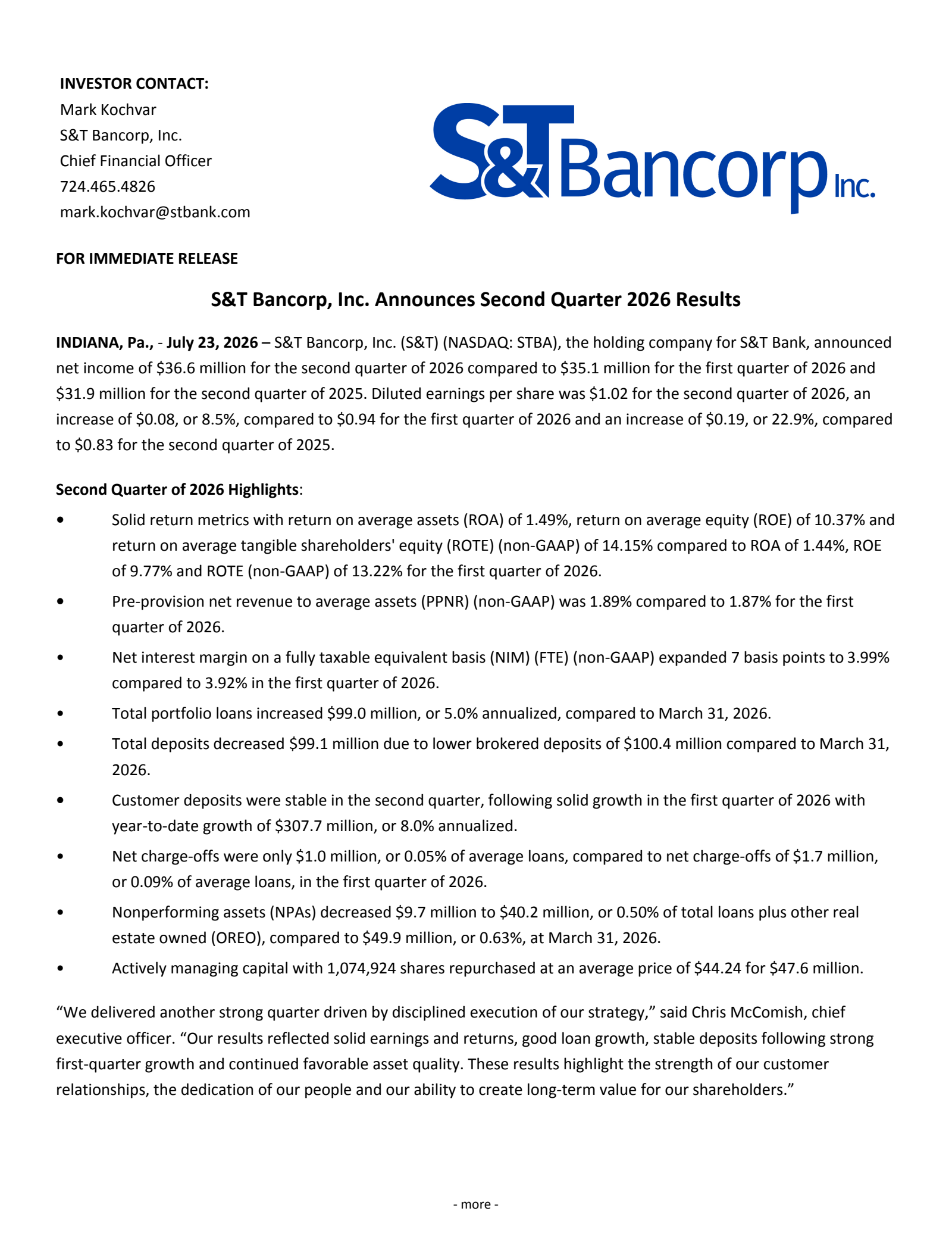 S&T Bancorp's Q2 2026 Press Release