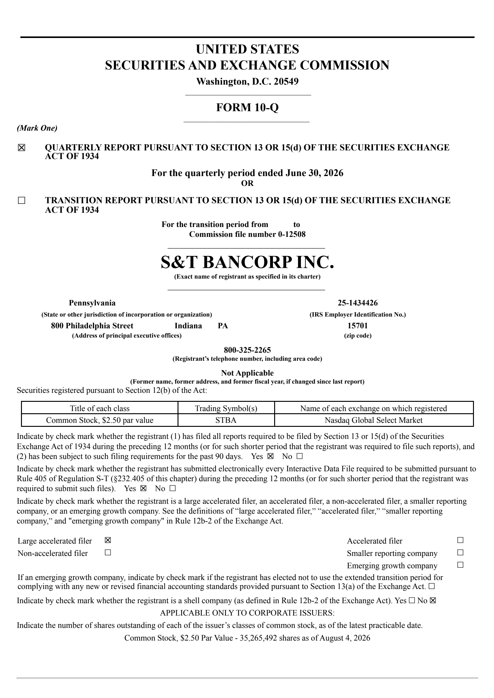 S&T Bancorp's Q2 2026 Quarterly report