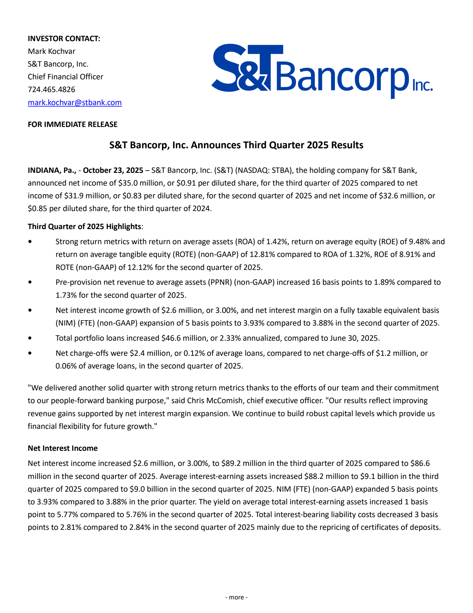 S&T Bancorp's Q3 2025 Earnings Release