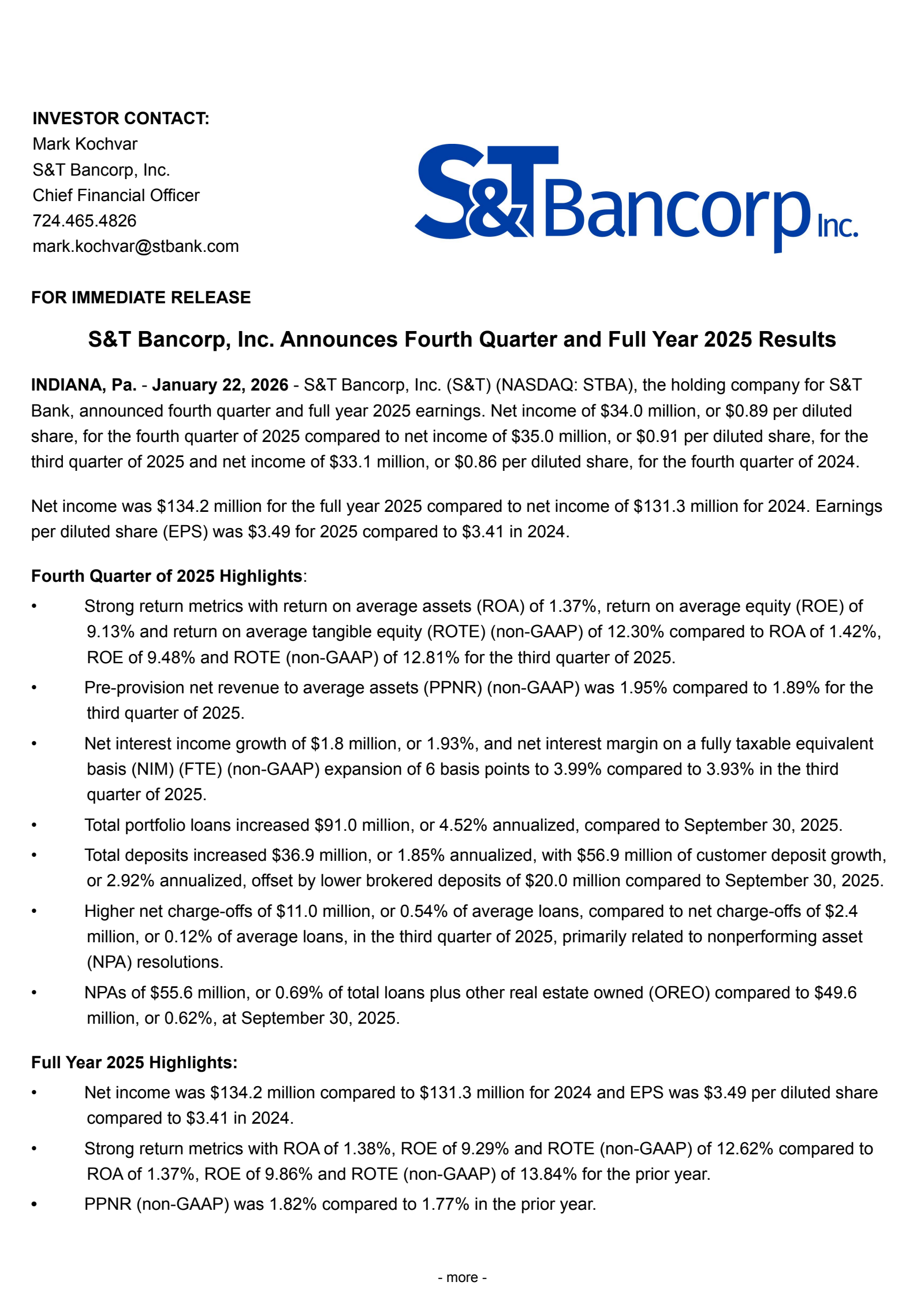S&T Bancorp's Q4 2025 Press Release