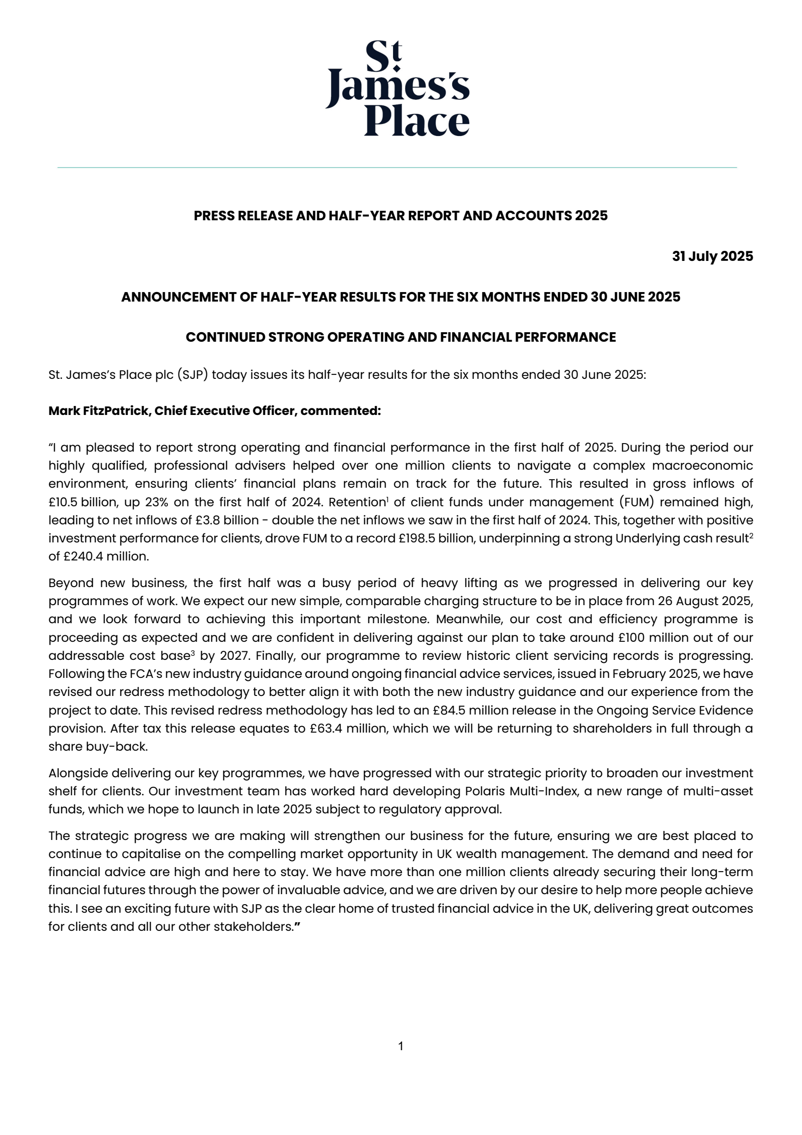 St. James' Place's H1 2025 Interim report