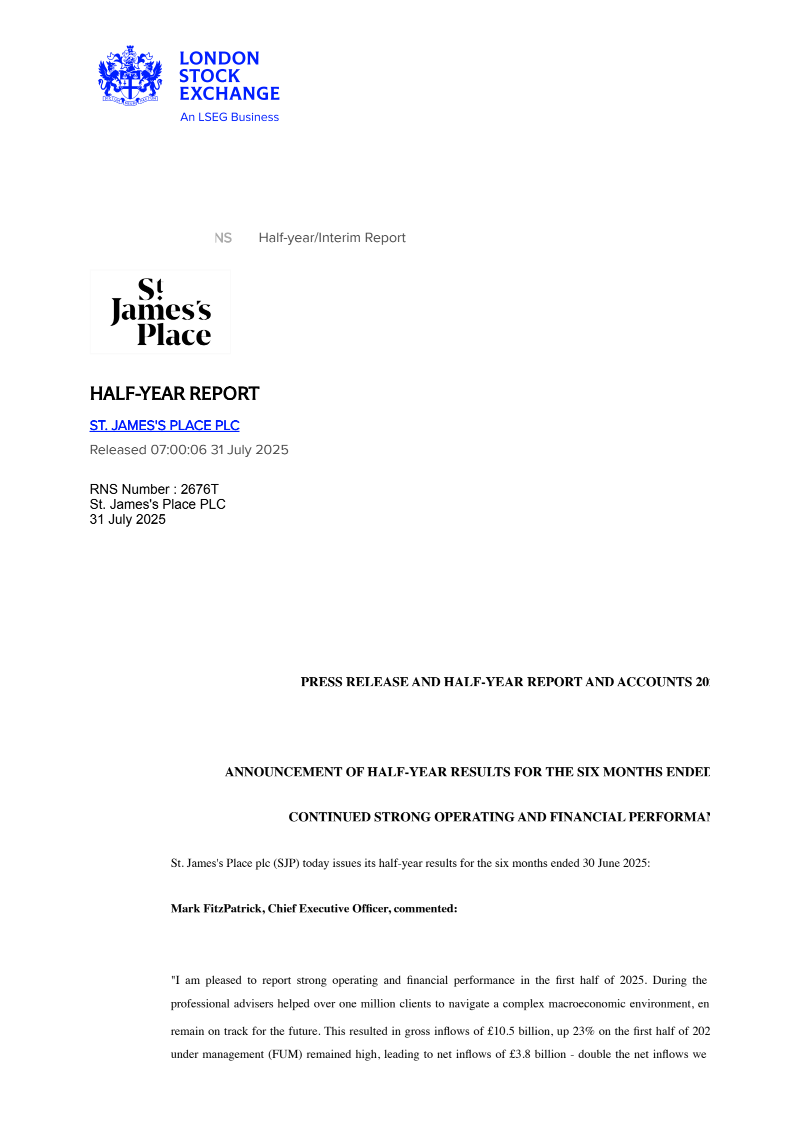 St. James' Place's H1 2025 Interim report