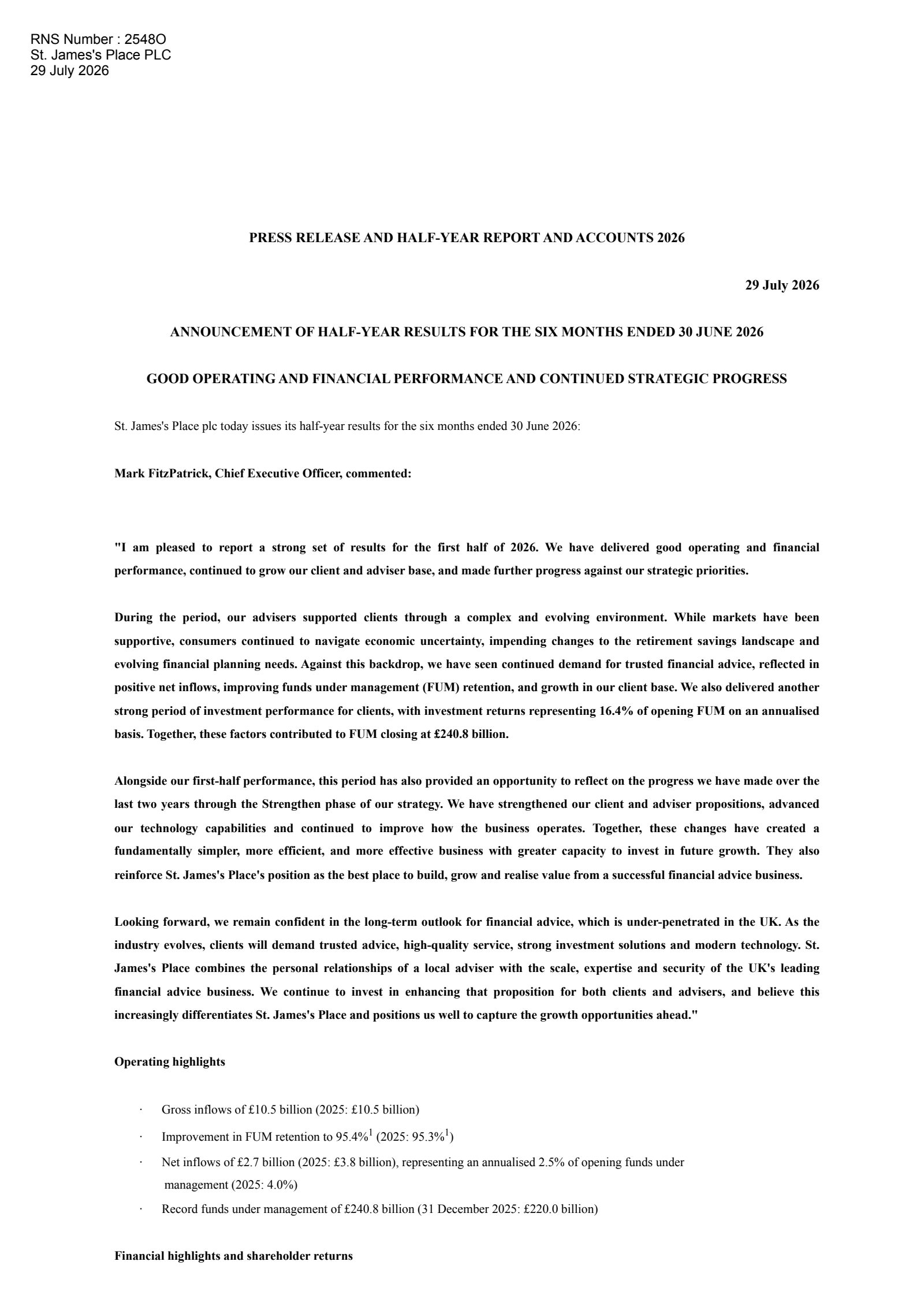 St. James' Place's H1 2026 Interim report