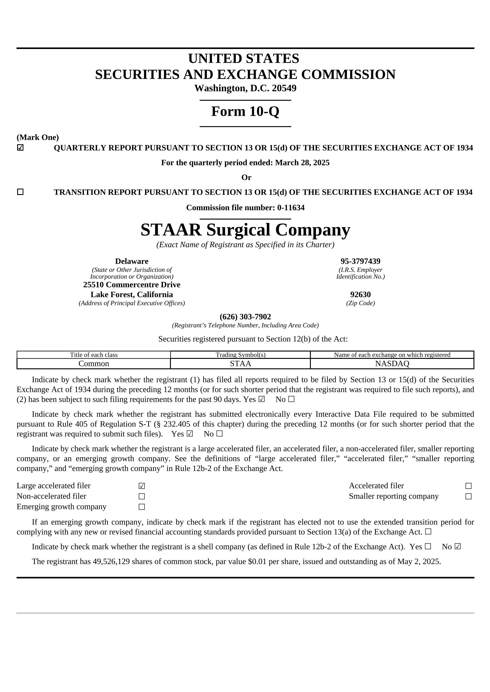 STAAR Surgical's Q1 2025 Quarterly report