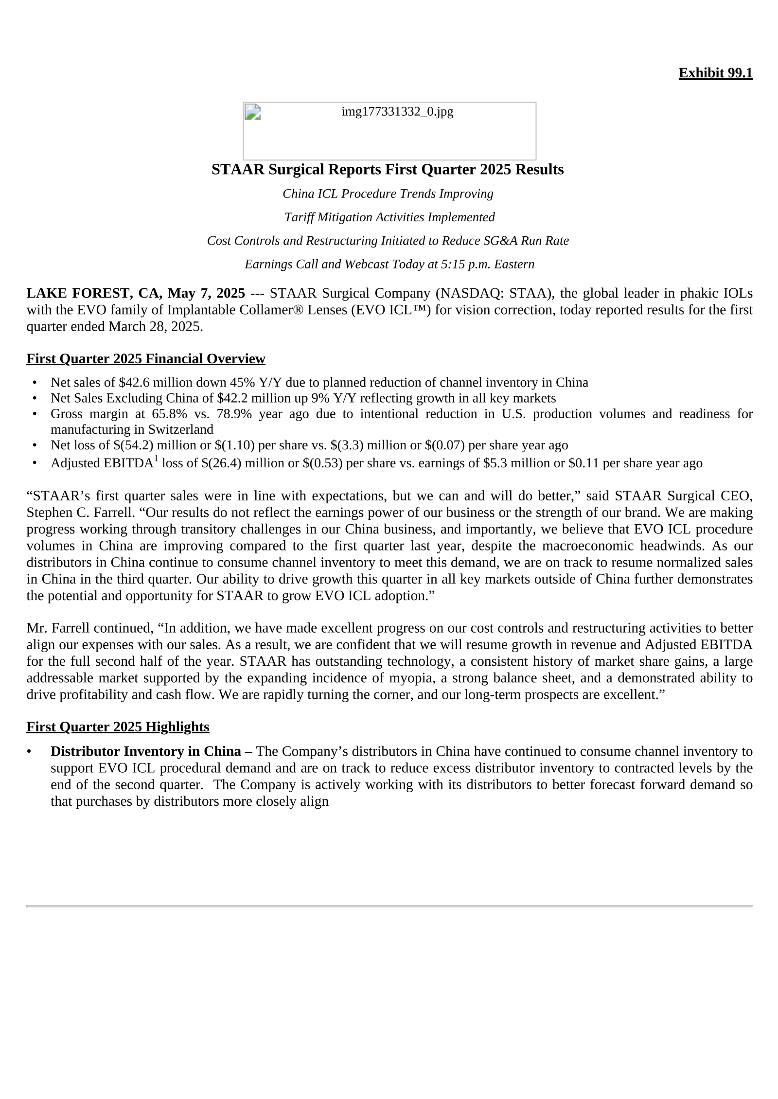 STAAR Surgical's Q1 2025 Press Release
