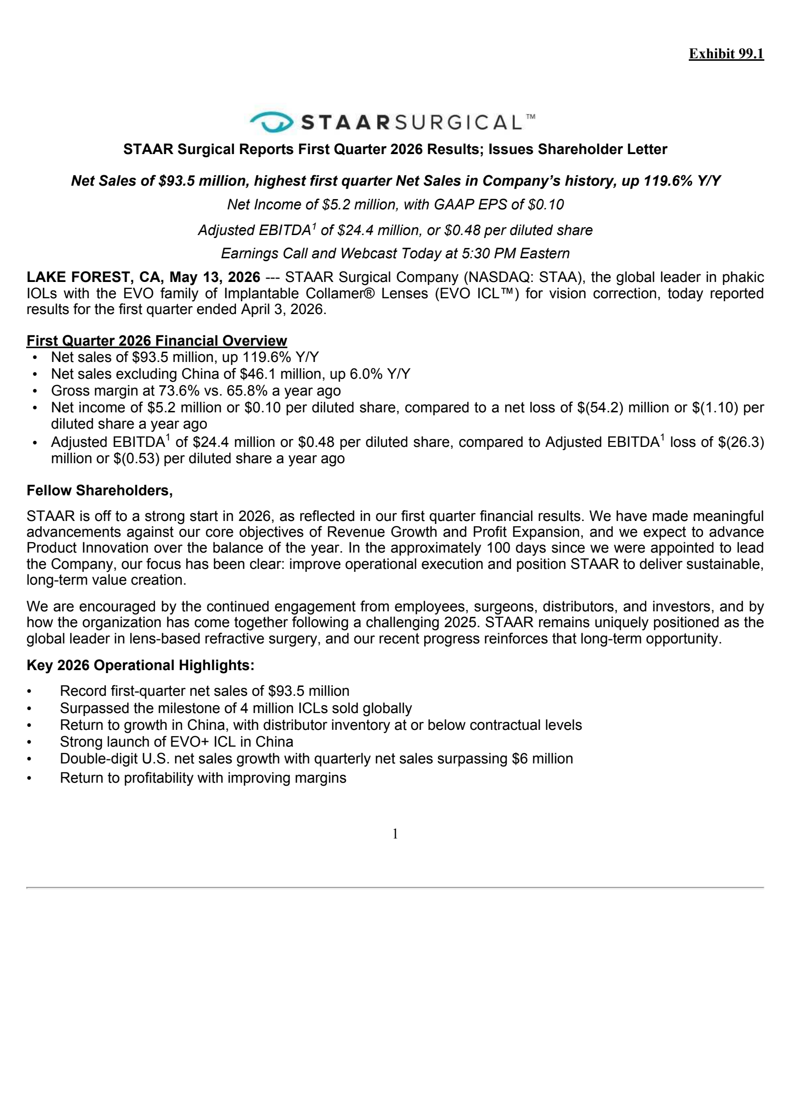 STAAR Surgical's Q1 2026 Press Release