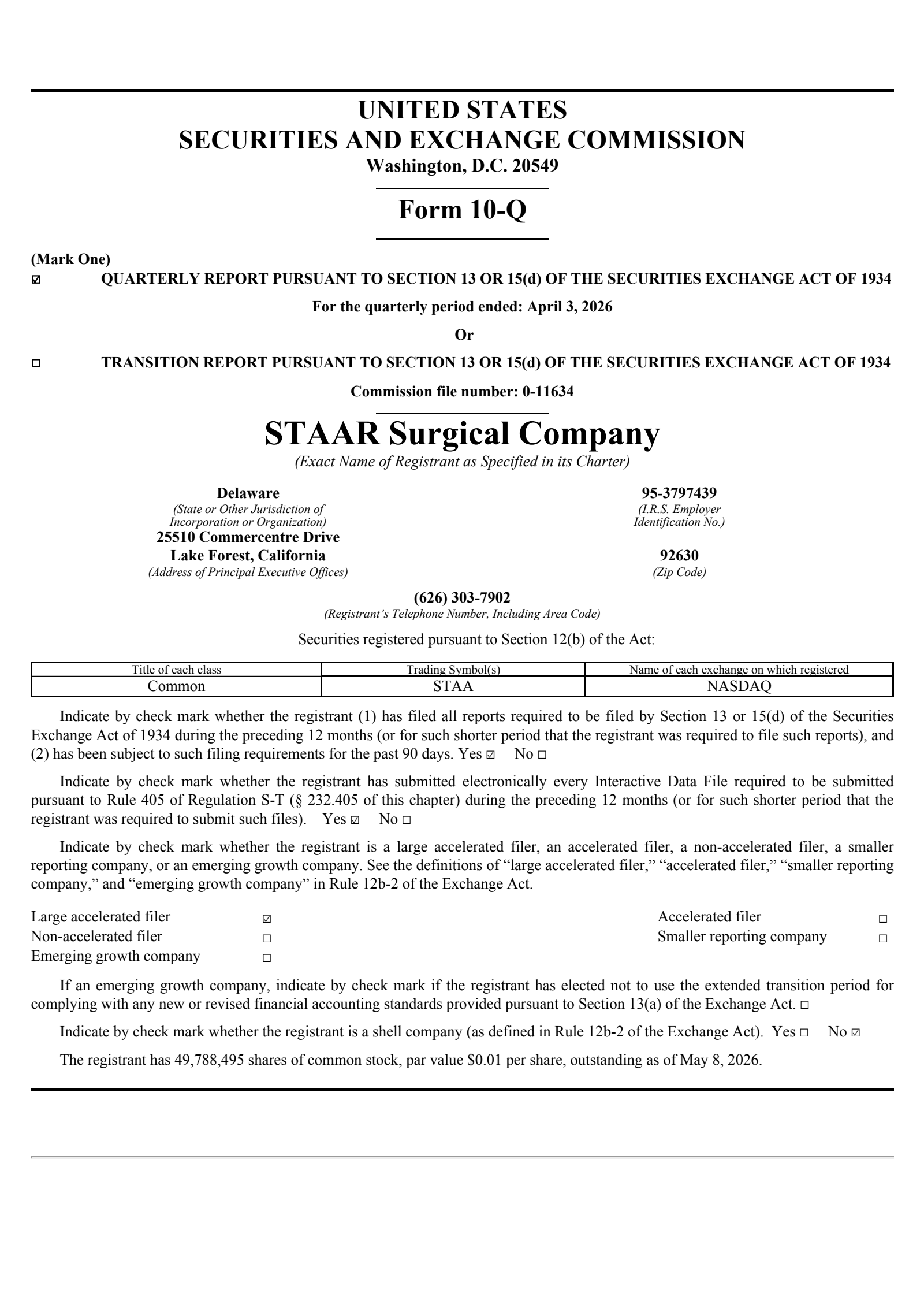 STAAR Surgical's Q1 2026 Quarterly report