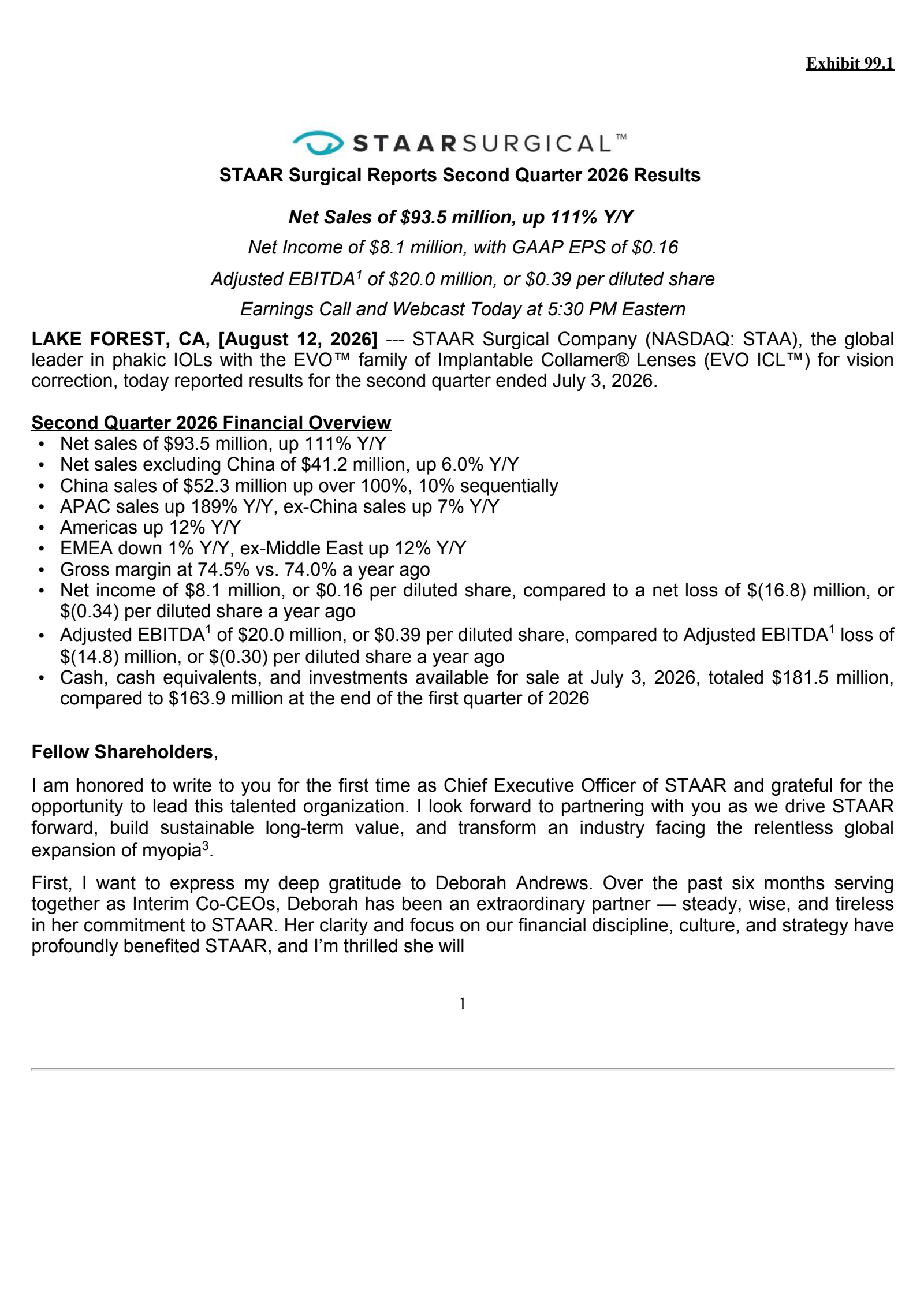 STAAR Surgical's Q2 2026 Press Release