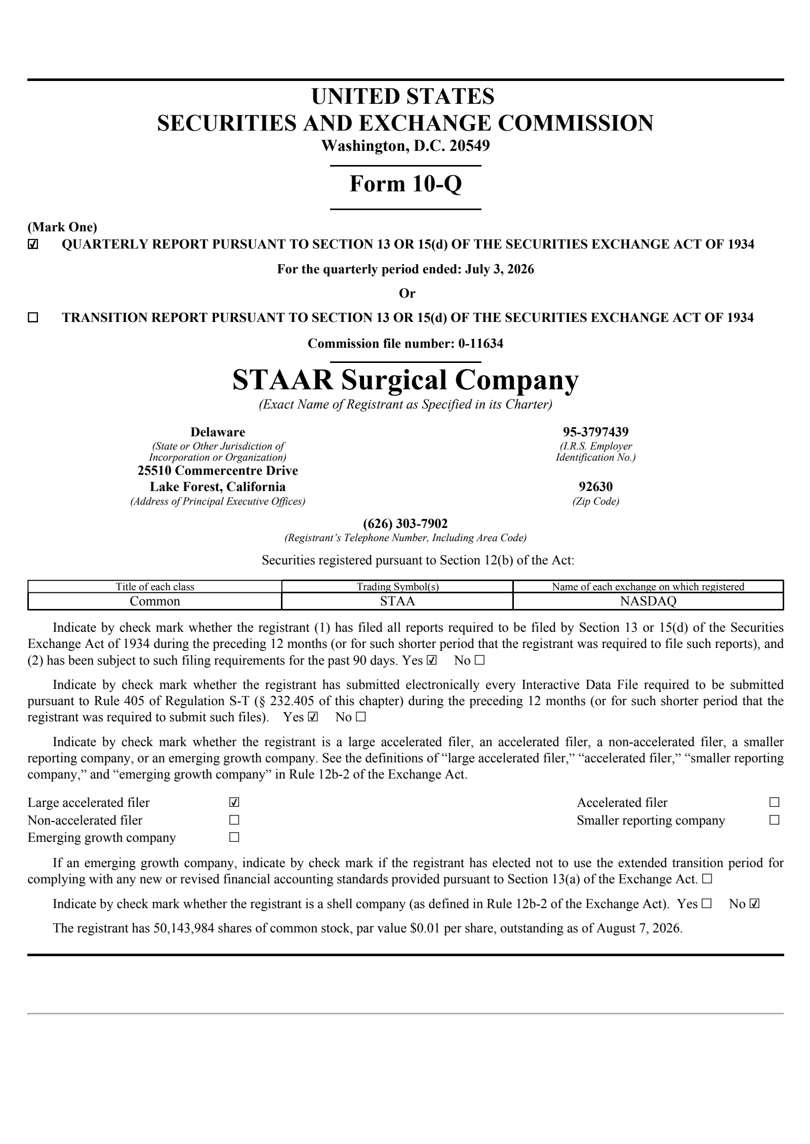 STAAR Surgical's Q2 2026 Quarterly report