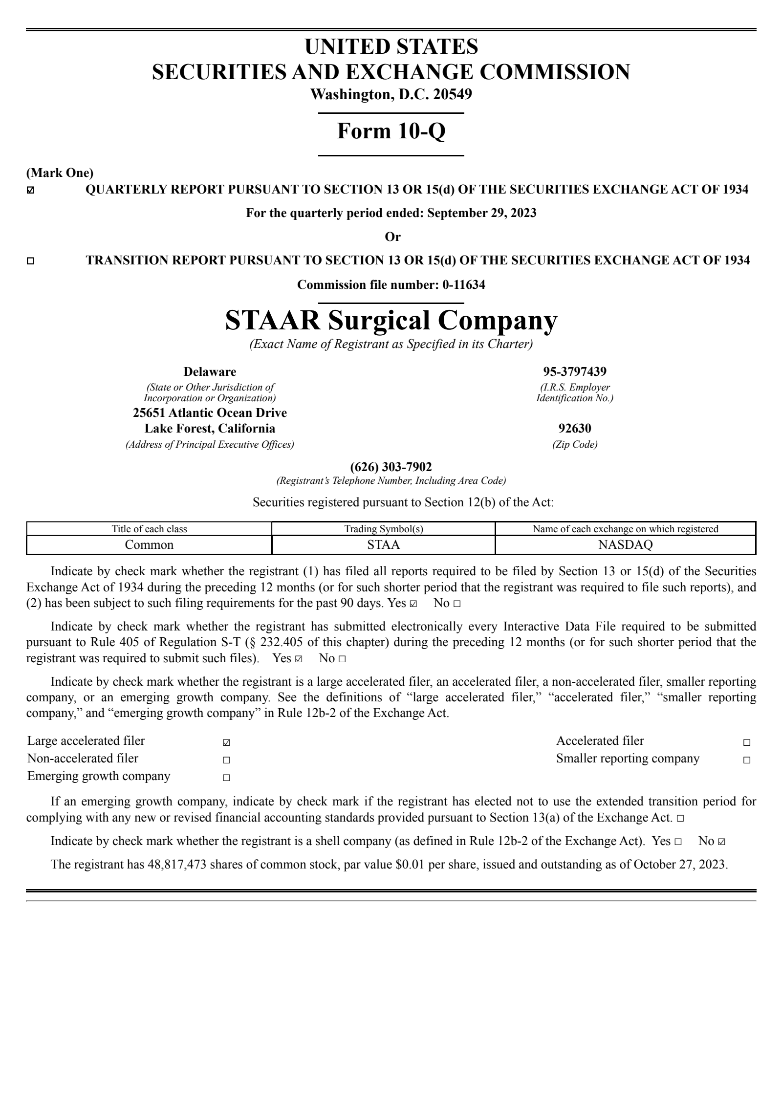 STAAR Surgical's Q3 2023 Quarterly report