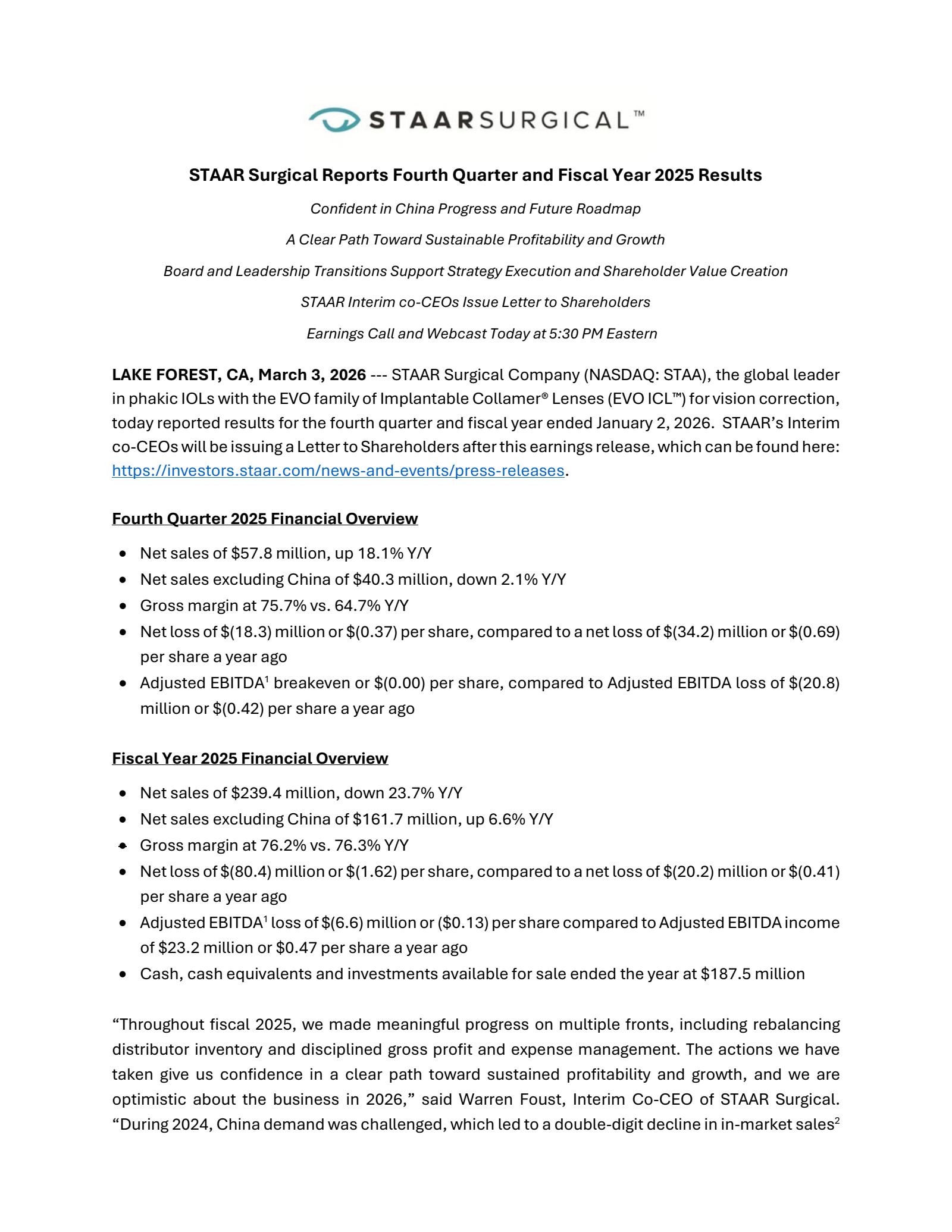 STAAR Surgical's Q4 2025 Press Release