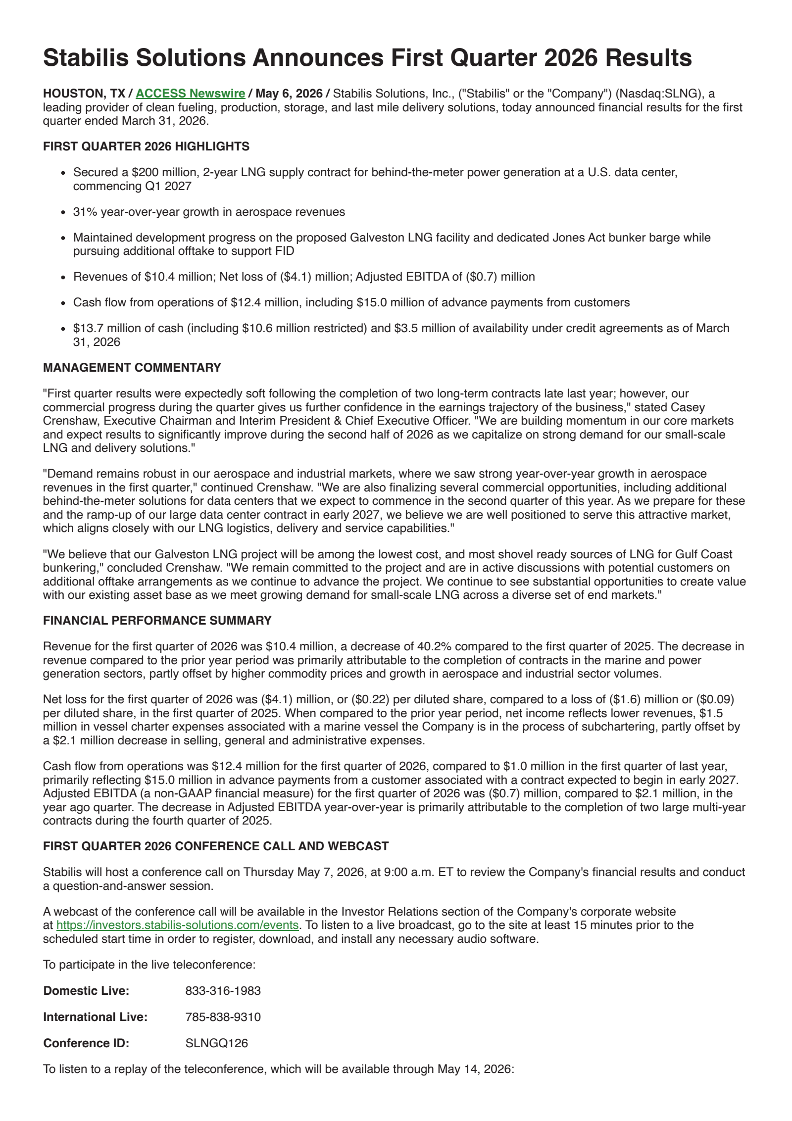 Stabilis Solutions' Q1 2026 Press Release