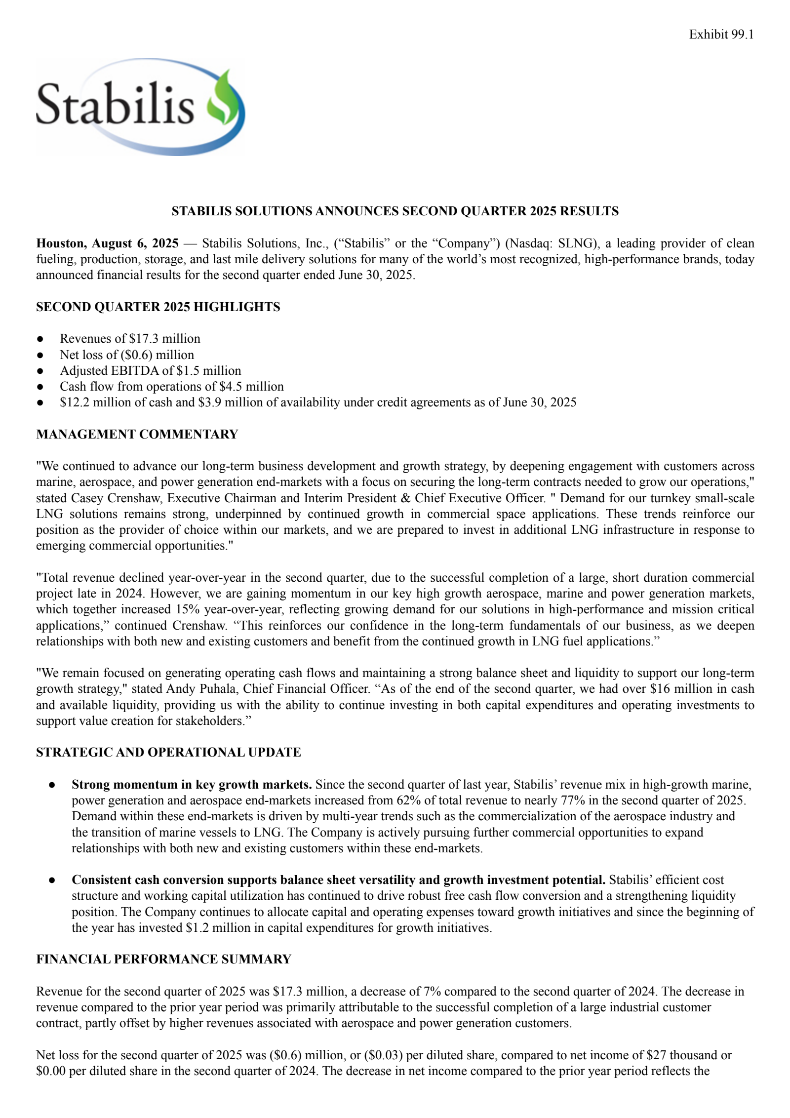 Stabilis Solutions' Q2 2025 Press Release