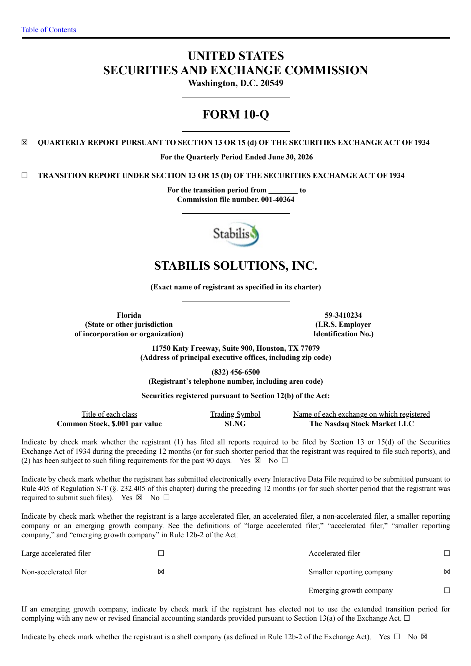 Stabilis Solutions' Q2 2026 Quarterly report