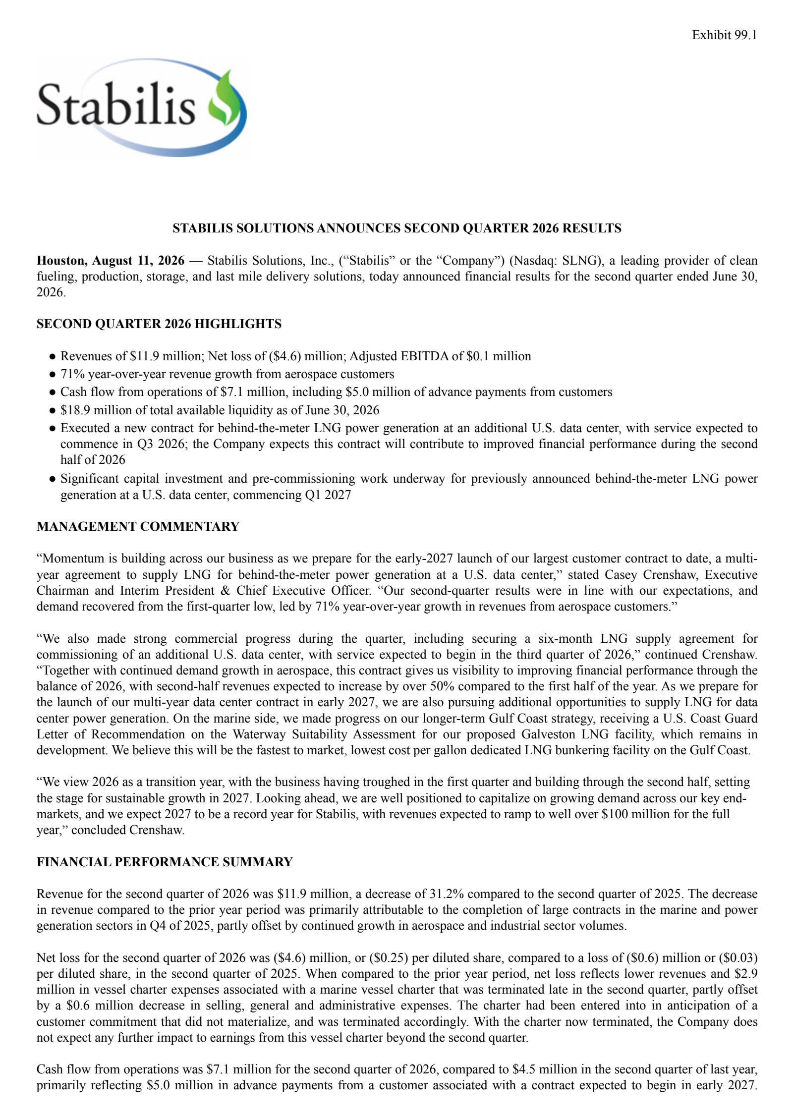 Stabilis Solutions' Q2 2026 Press Release