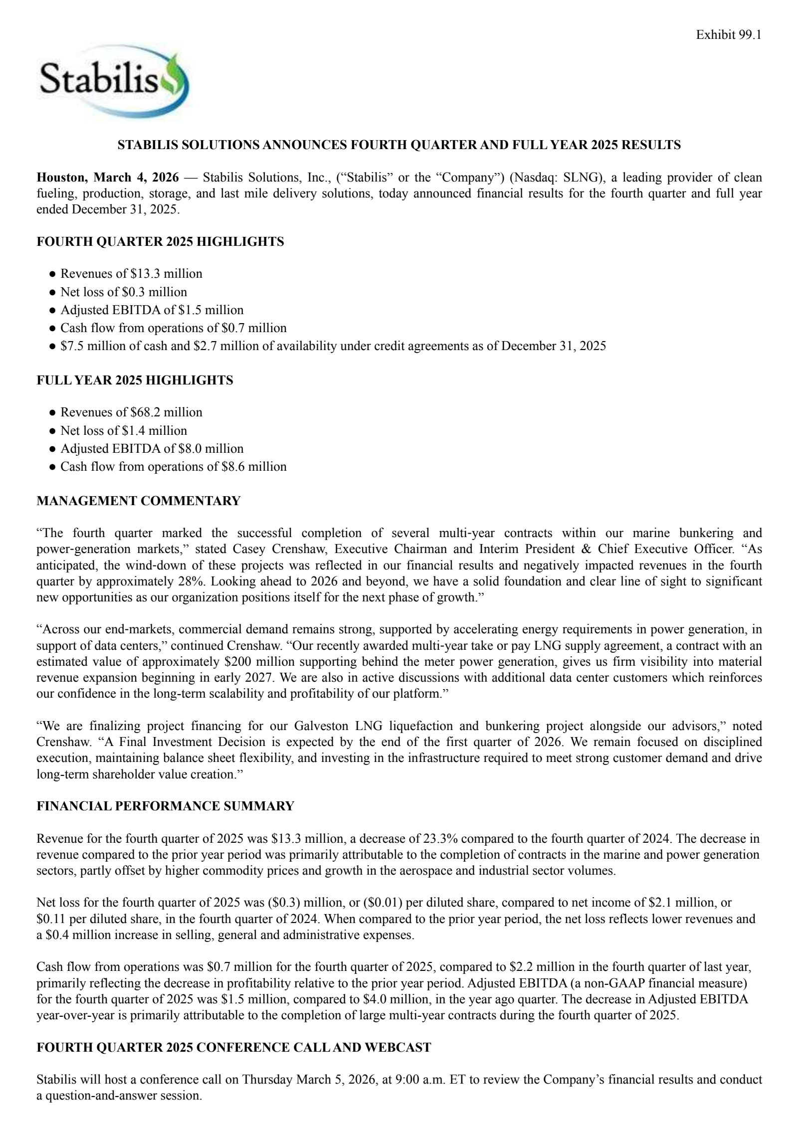 Stabilis Solutions' Q4 2025 Press Release